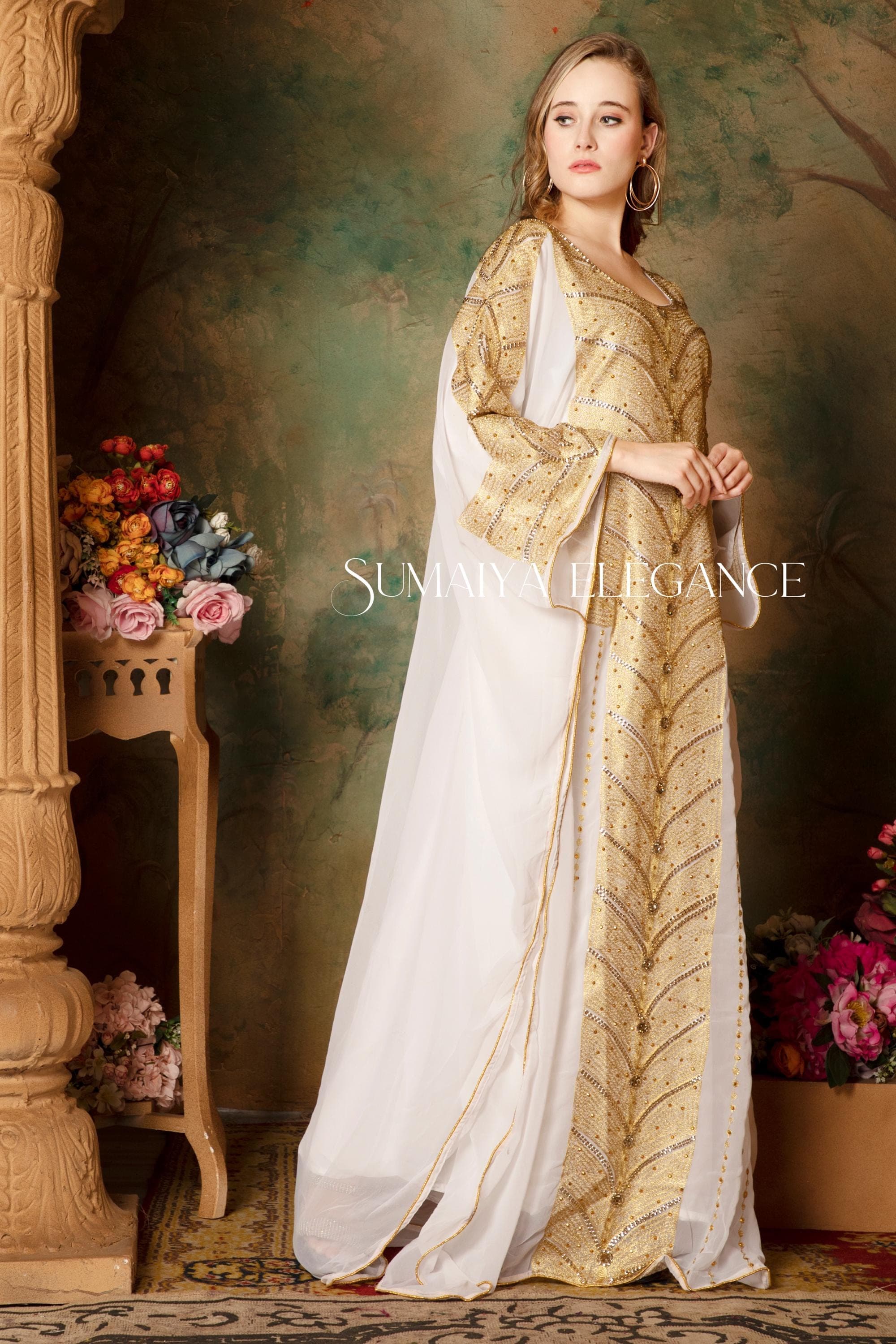 Hand Beaded Georgette Abaya Dress, Dubai Kaftan with Headscarf - image 4