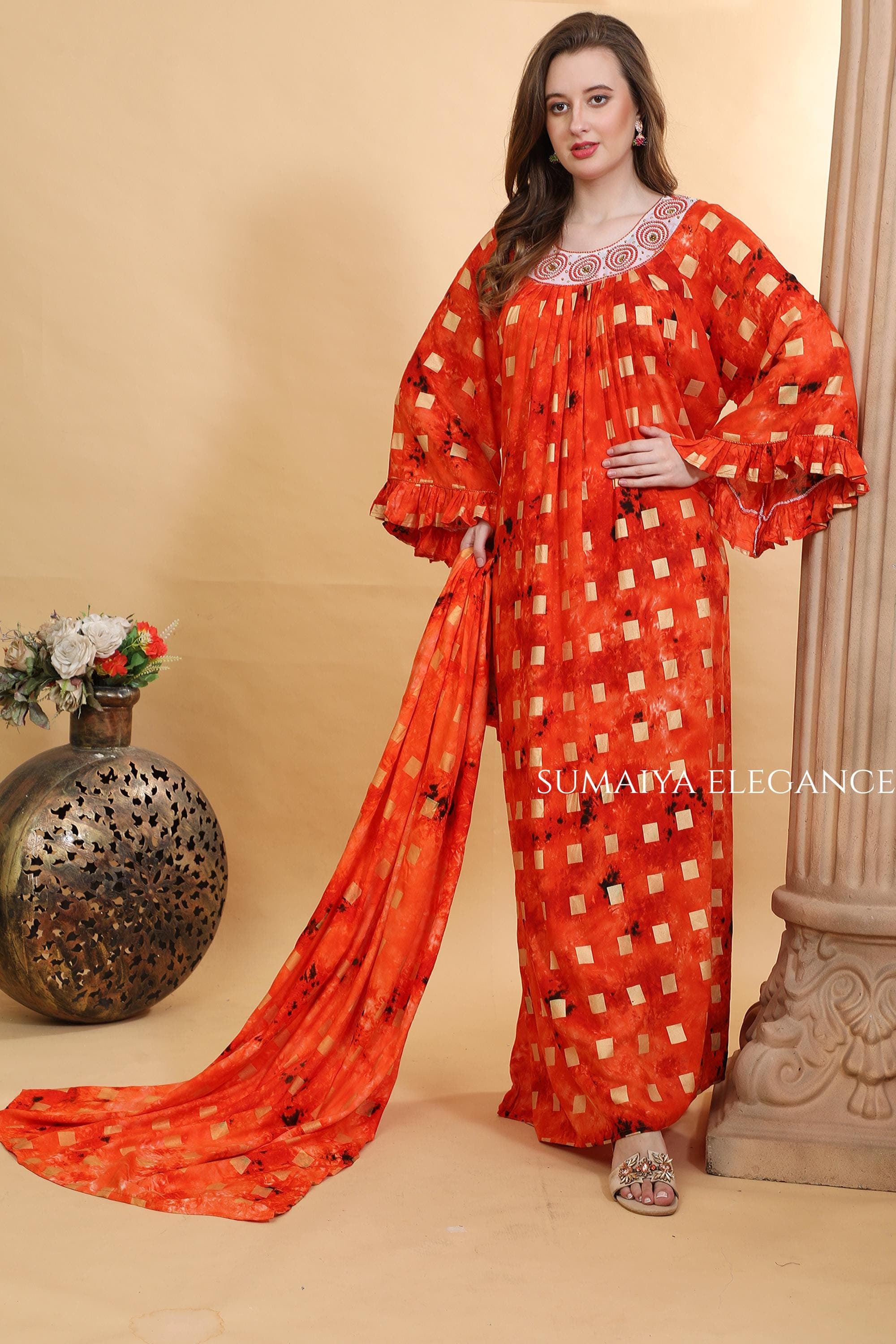 Hand Embroidered Kaftan Dress for Women Maxi Kaftan Loose Fit Lounge Wear Statement Neckline Dress Resort Wear Modest Fashion
