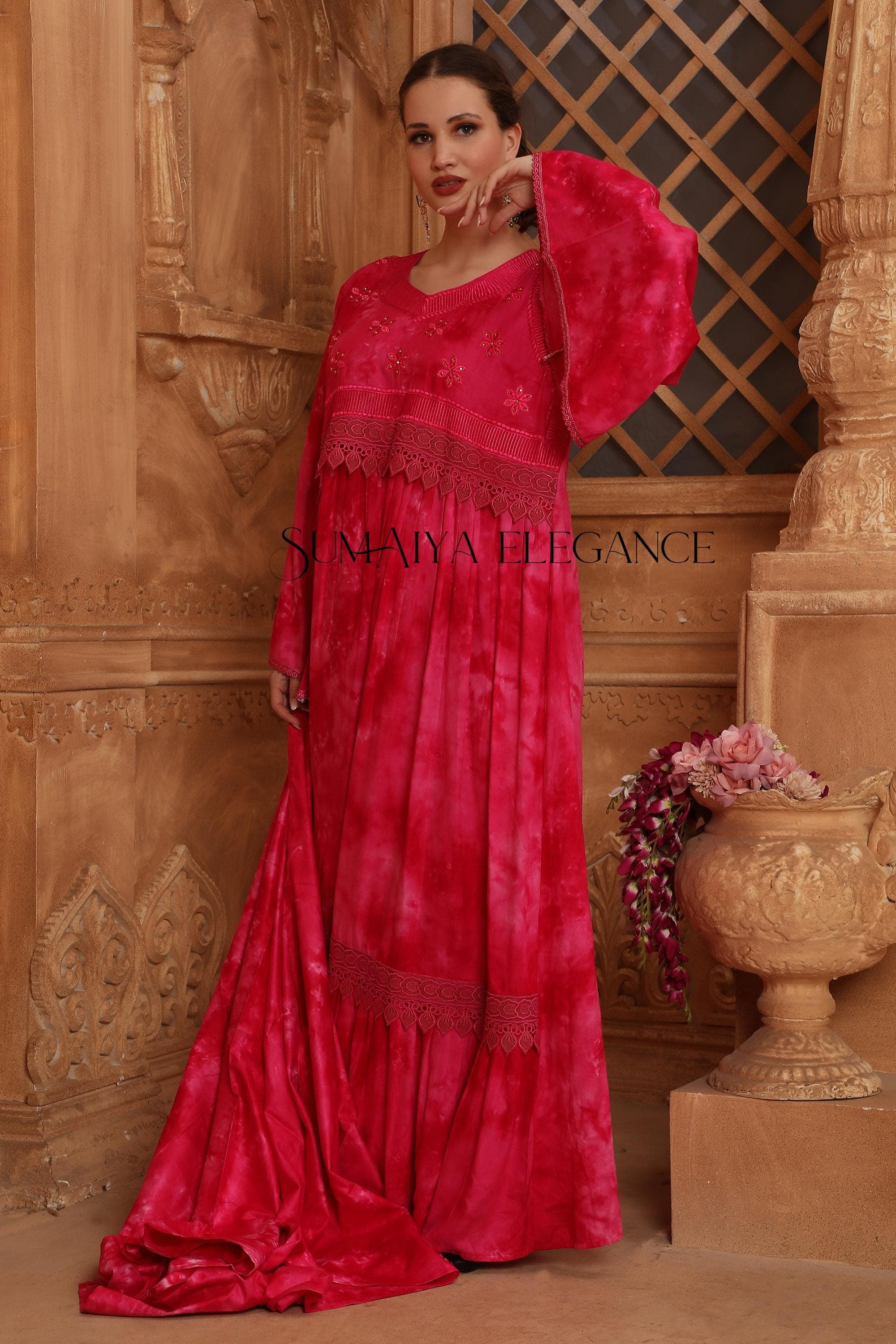 Embroidered Dubai Kaftan Abaya with Scarf, Flared Lace Sleeve Maxi Dress - image 4