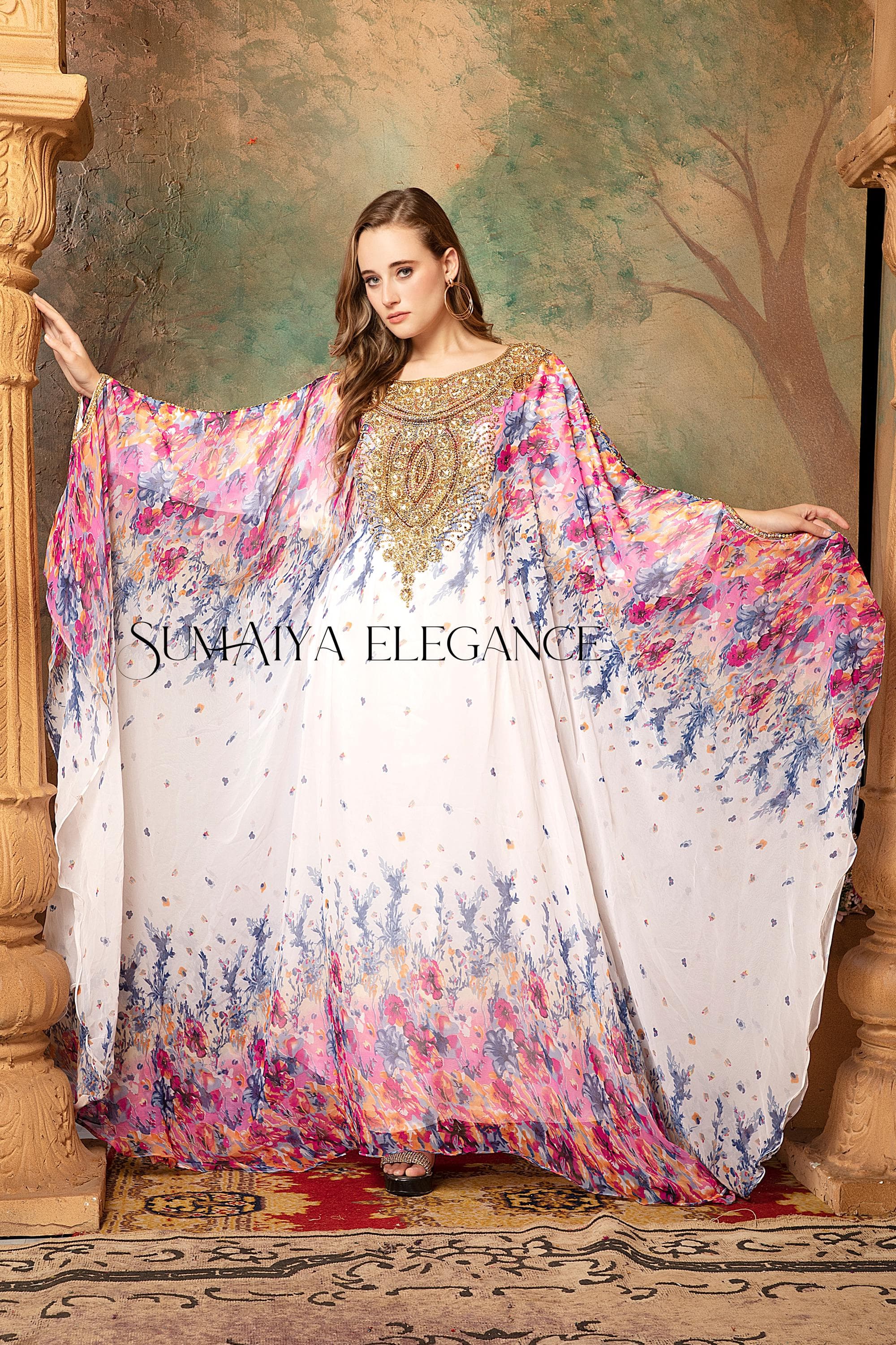 Hand-Beaded Georgette Kaftan Dress with Scarf