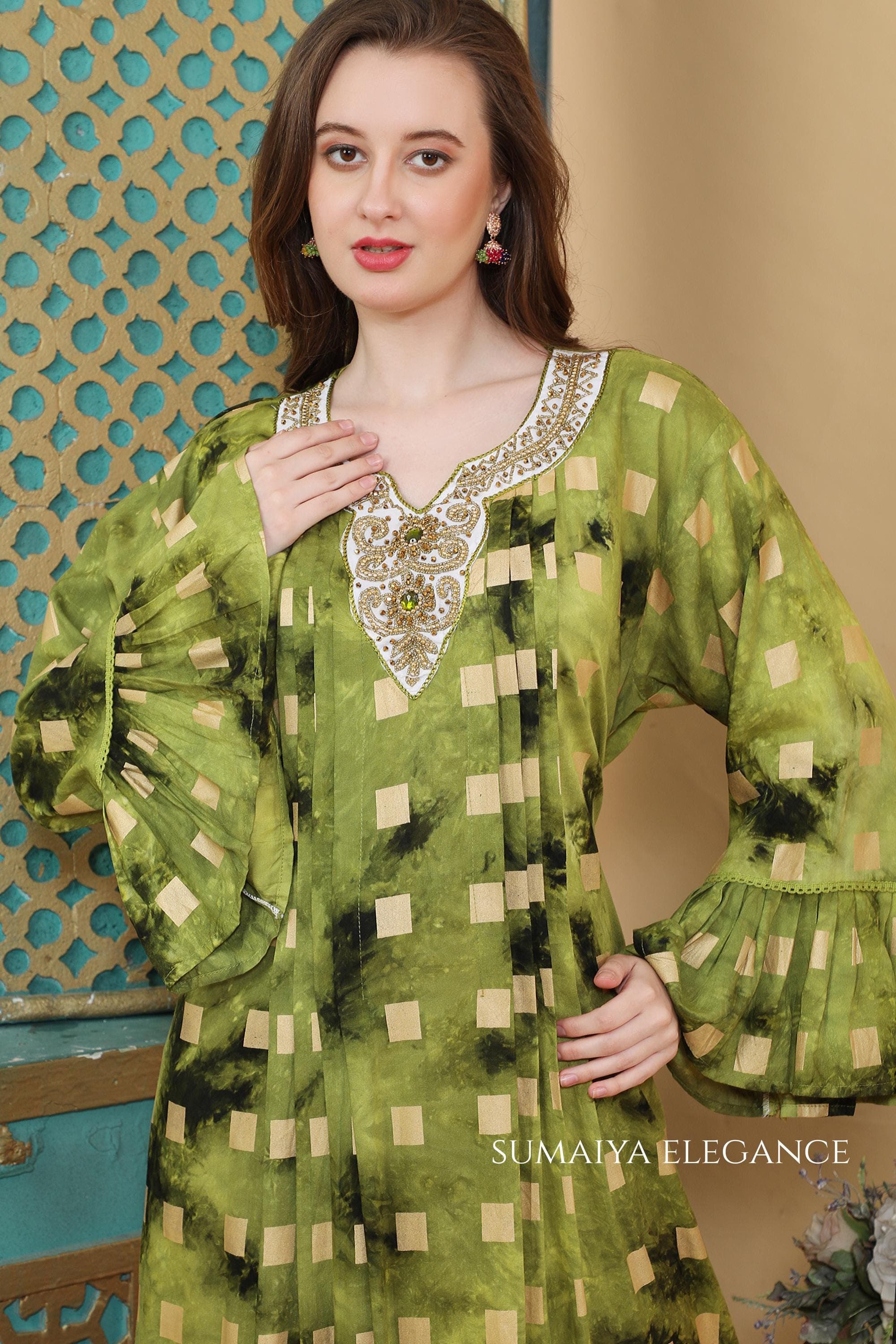 Embellished Geometric Kaftan Dress  Hand-Dyed Boho Maxi Gown with Flared Bell Sleeves  Elegant Embroidered V-Neck Abaya Loungewear - image 5