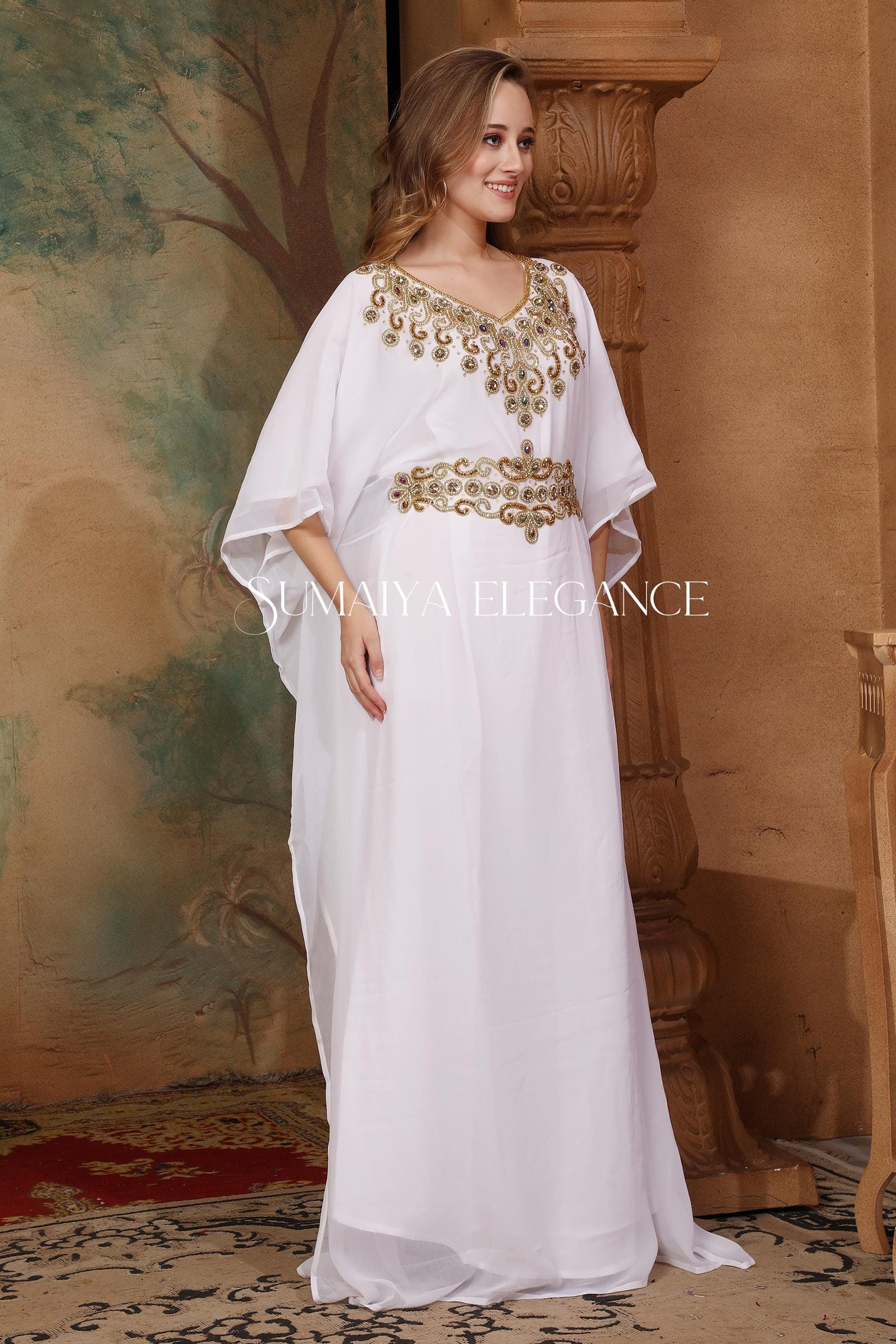 Handmade Golden Beaded Kaftan Dress, Georgette Abaya with Scarf - image 5