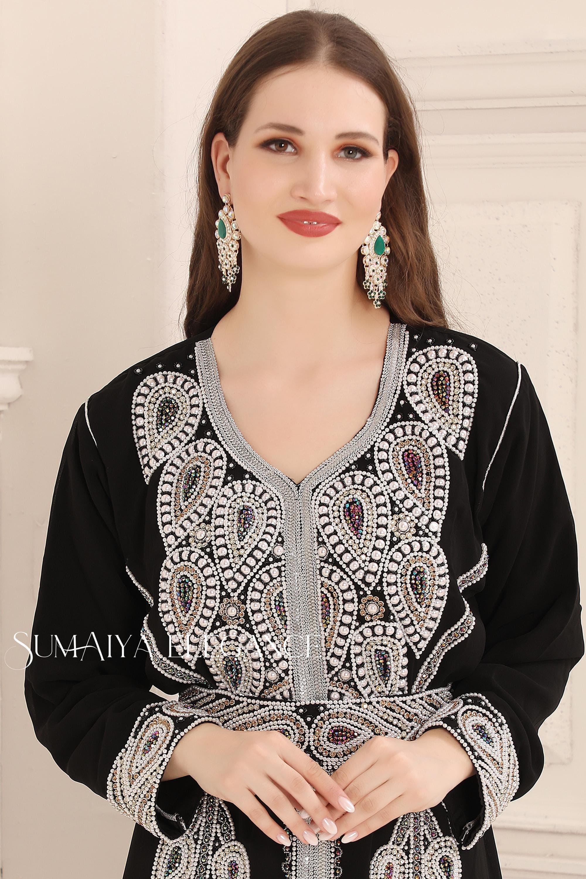 Embellished Silver Detailing Georgette Moroccan Kaftan with Matching Headscarf, Arabic Party Wear - image 3