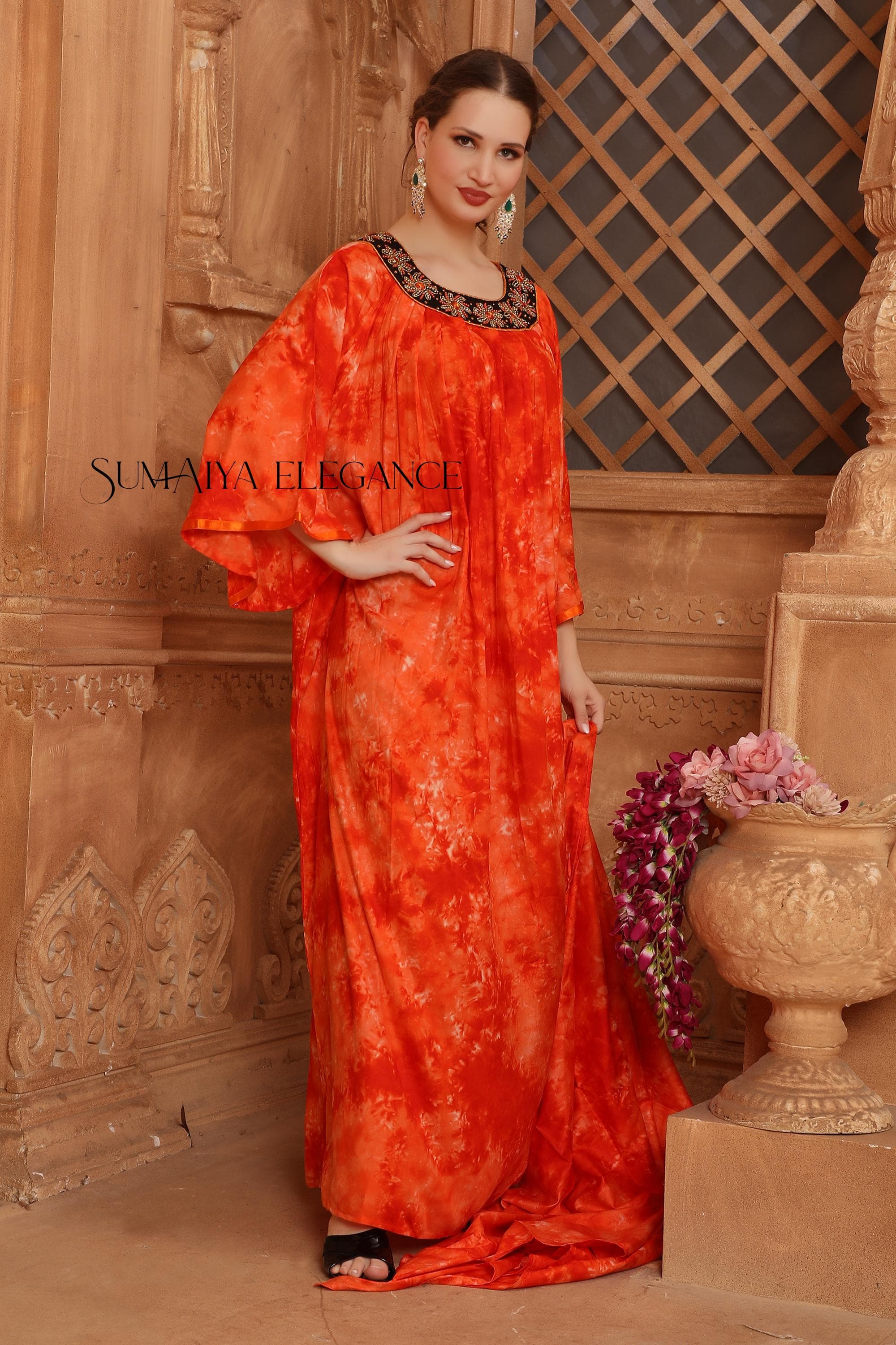 Handmade Embroidered Tie Dye Kaftan Abaya with Scarf - image 5
