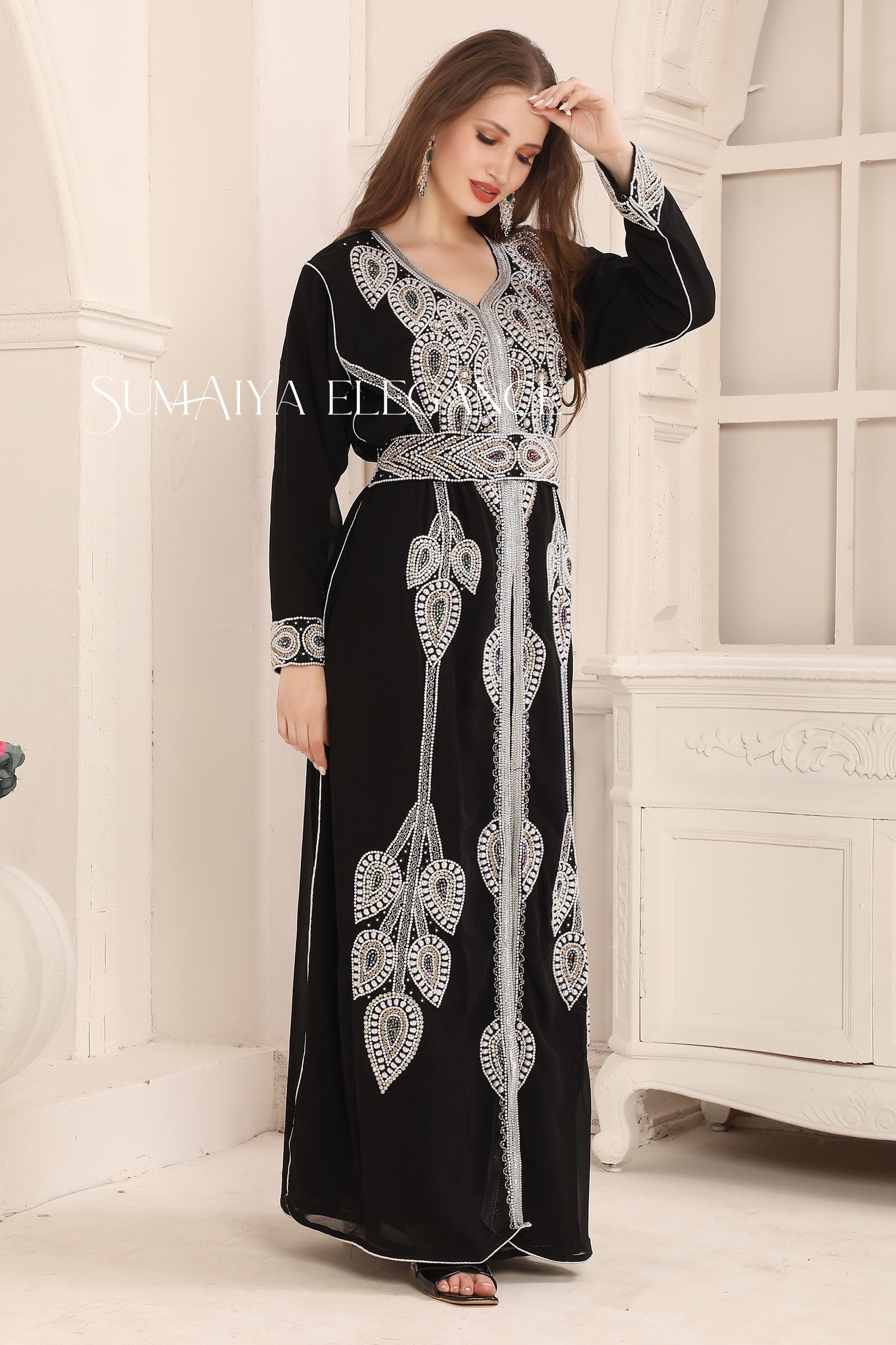 Embellished Silver Detailing Georgette Moroccan Kaftan with Matching Headscarf, Arabic Party Wear - image 4