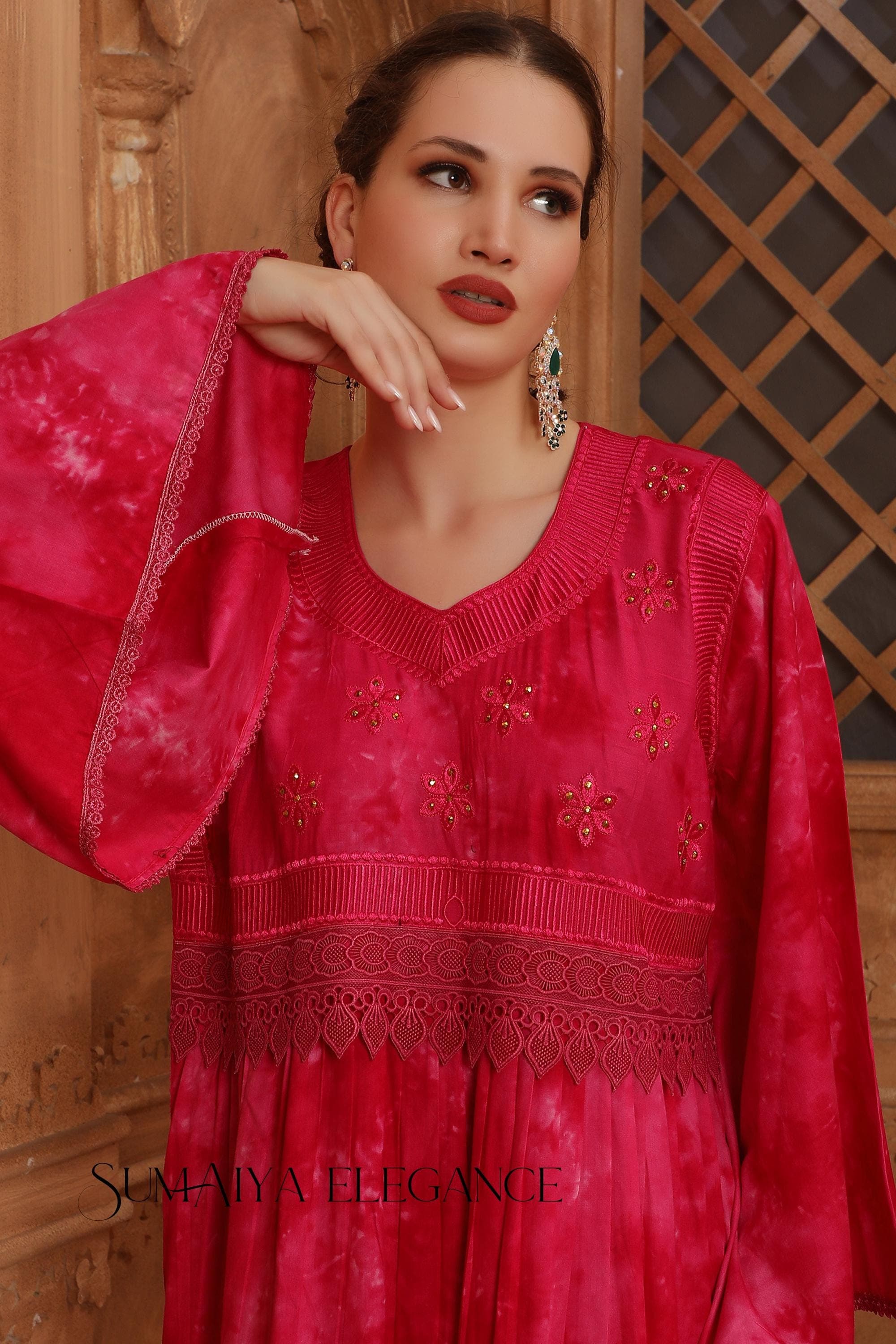 Embroidered Dubai Kaftan Abaya with Scarf, Flared Lace Sleeve Maxi Dress