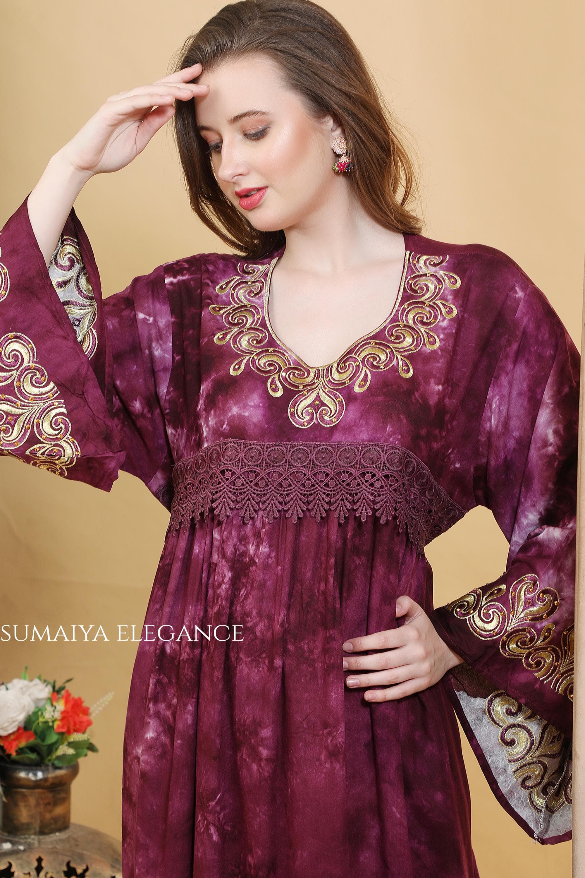 Embroidered Kaftan Dress, V Neck Farasha, Flowy Maxi Kaftan, Bell Sleeve Lounge Dress, Elegant Modest Wear - image 5