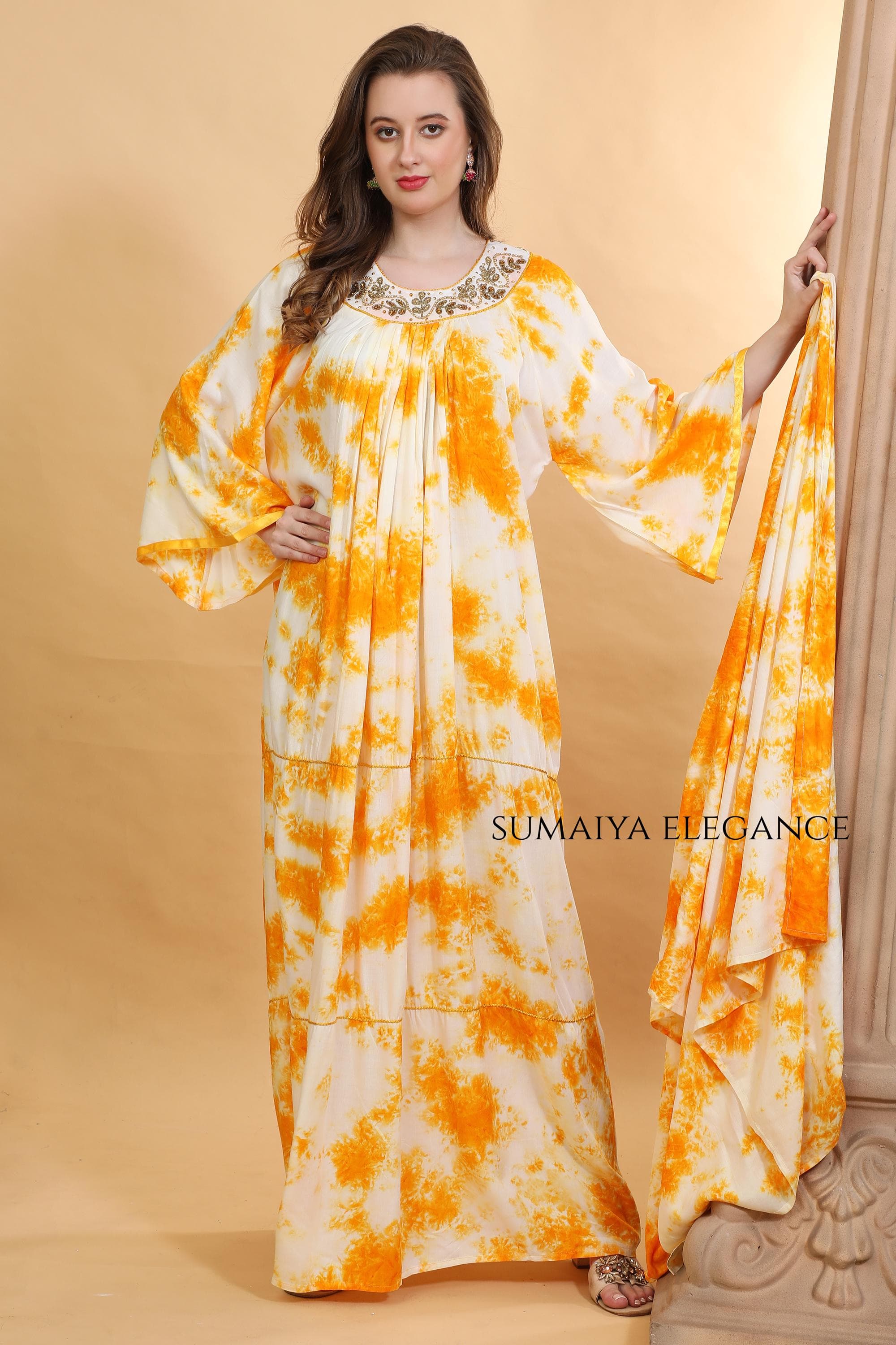 Hand Embroidered Neck Kaftan Dress, Loose Fit Maxi Farasha, Modest Boho Loungewear, Flowy Sleeve Resort Wear for Women - image 5