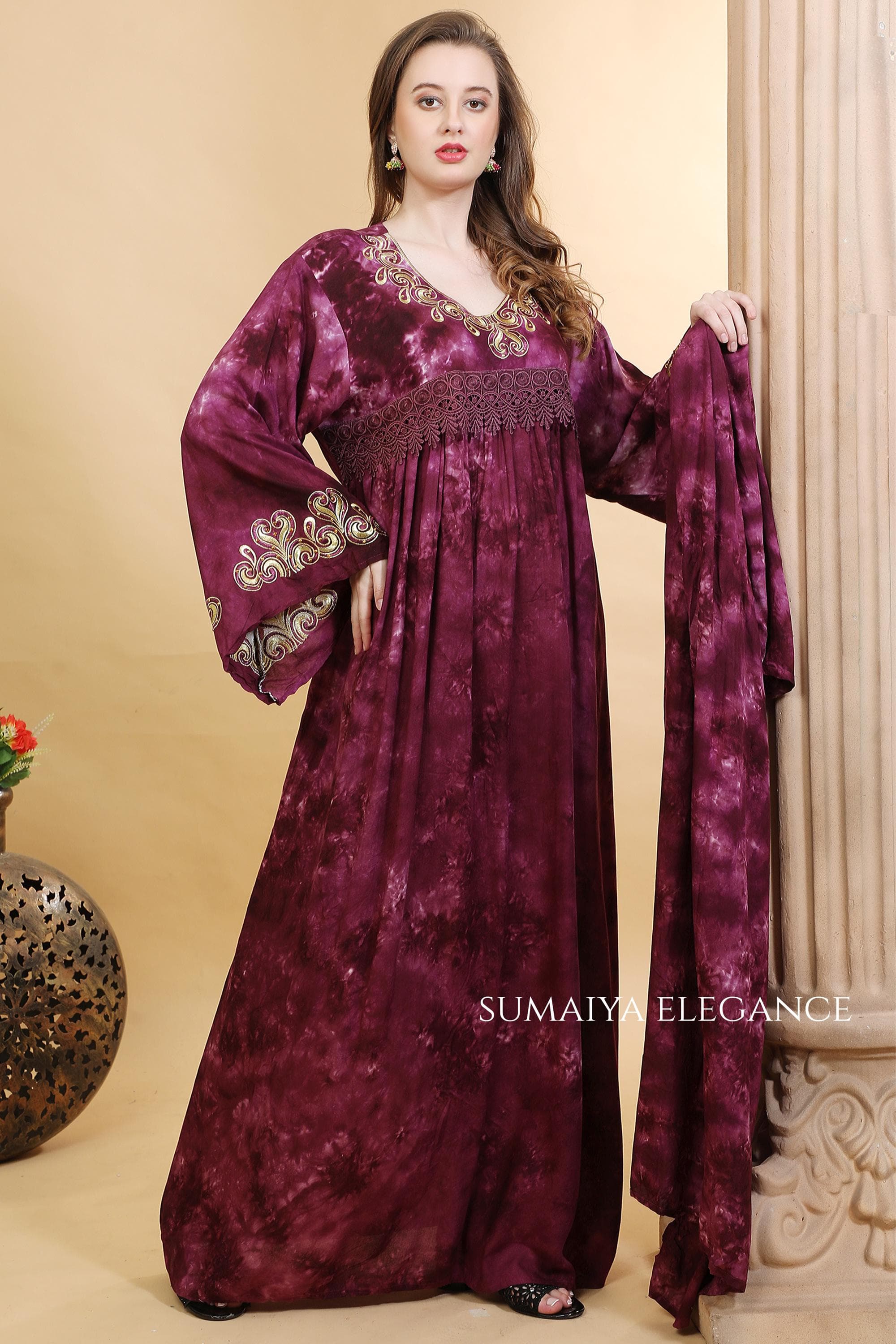 Embroidered Kaftan Dress, V Neck Farasha, Flowy Maxi Kaftan, Bell Sleeve Lounge Dress, Elegant Modest Wear - image 4