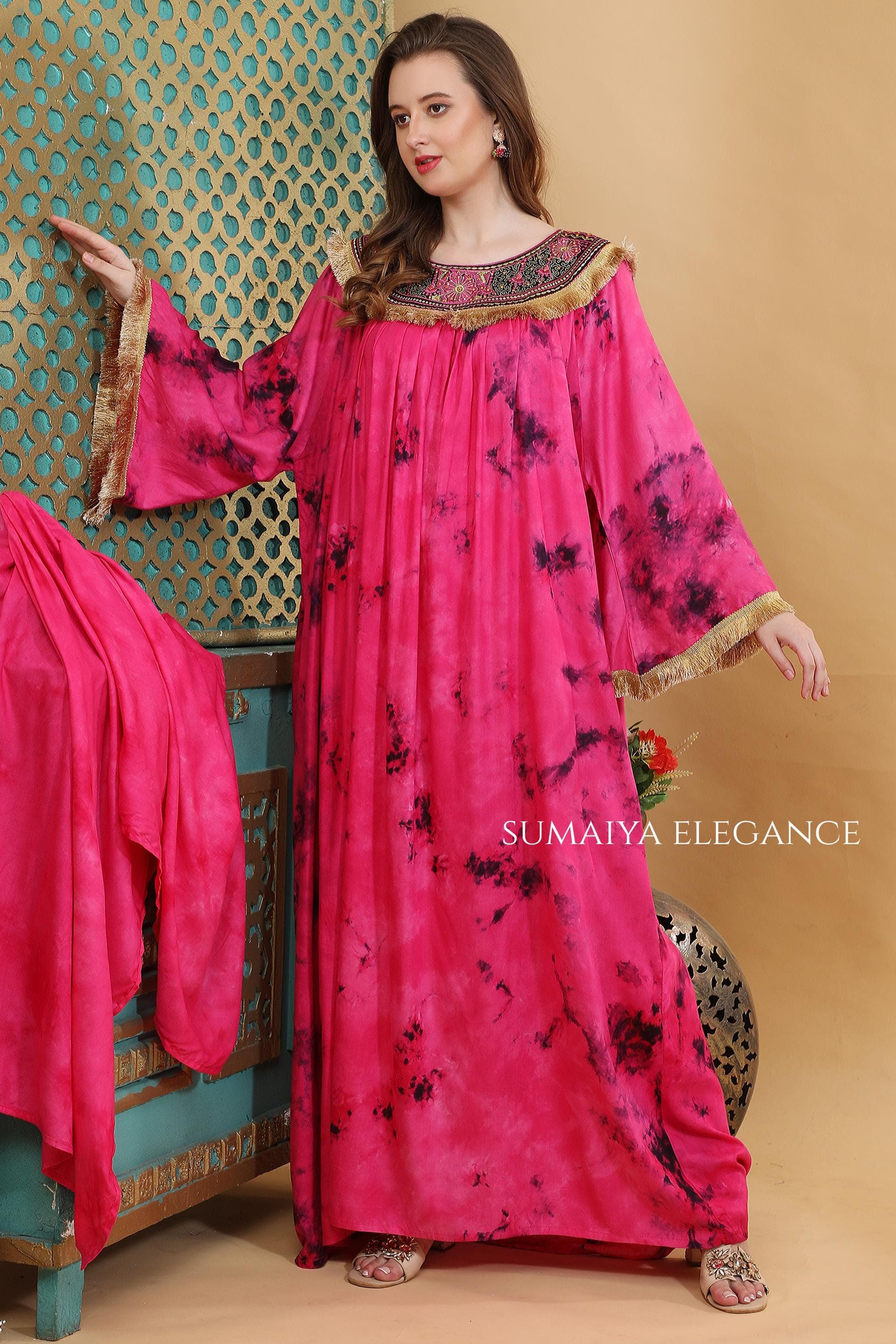 Embroidered Kaftan Dress, Round Neck Farasha, Flowy Maxi Kaftan, Fringe Detail Bell Sleeve Dress, Elegant Modest Wear