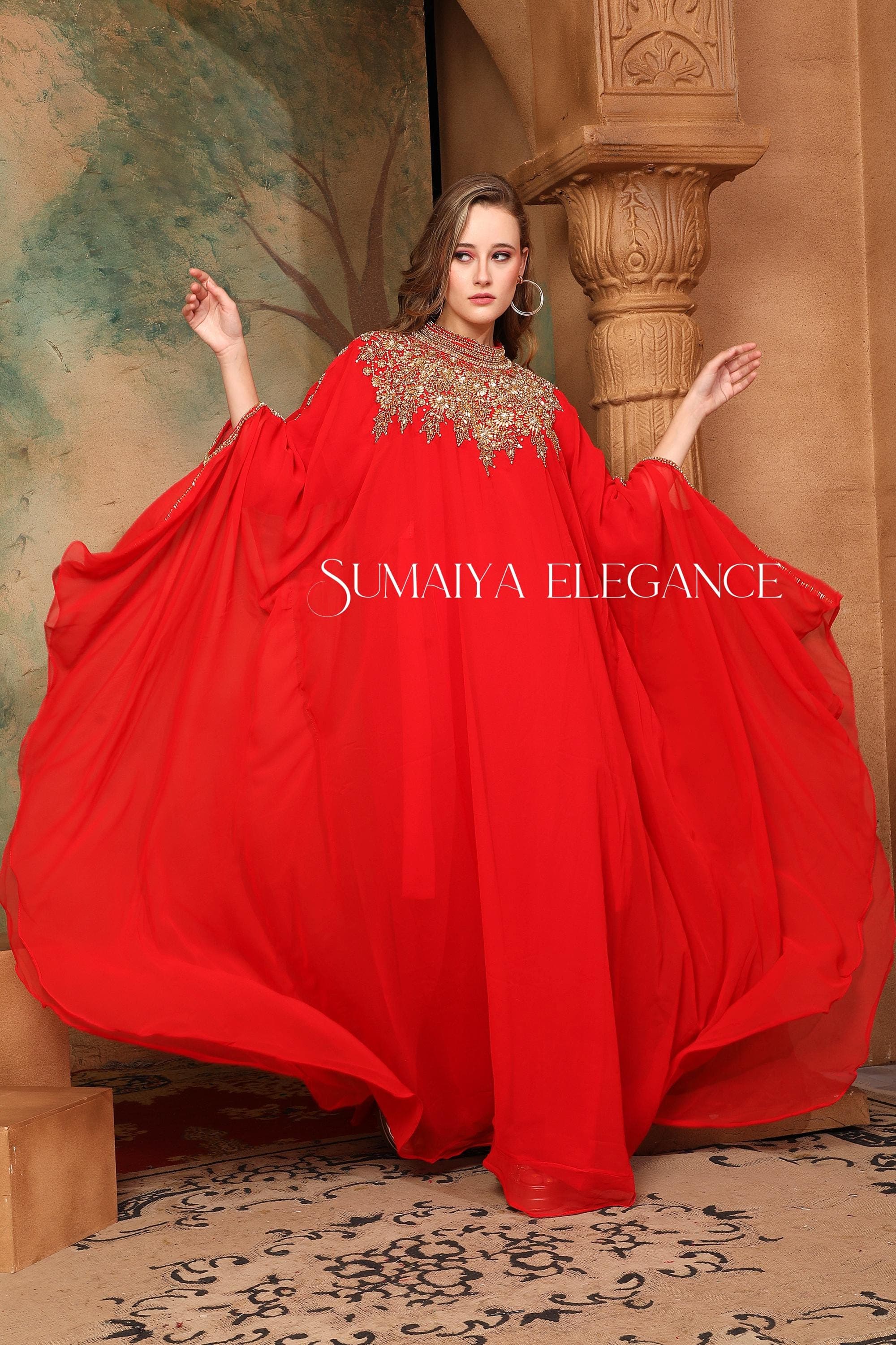 Embellished Georgette Caftan Dress with Headscarf