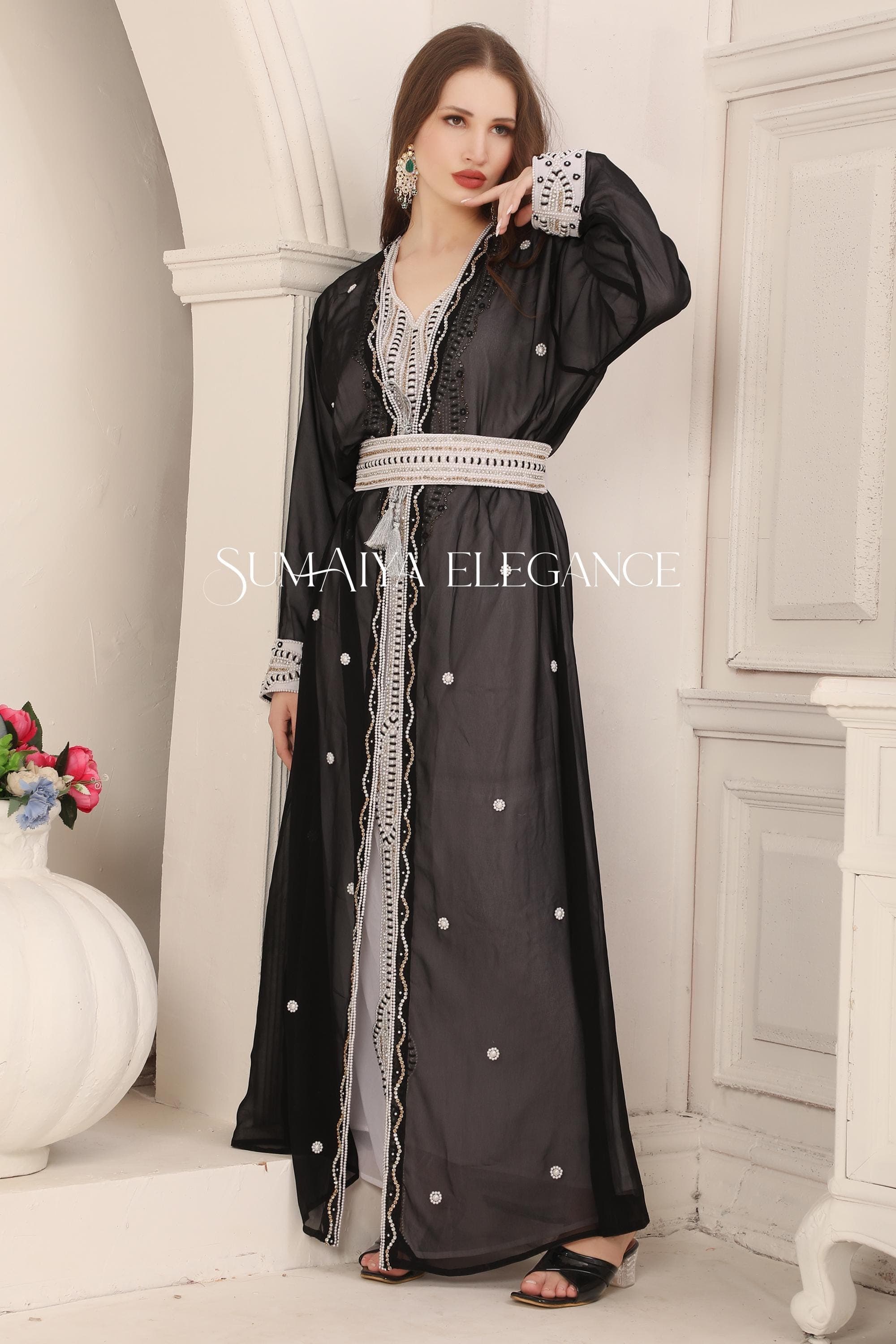 Hand Beaded Georgette Moroccan Kaftan: Dubai Arabic Abaya Wedding Gown
