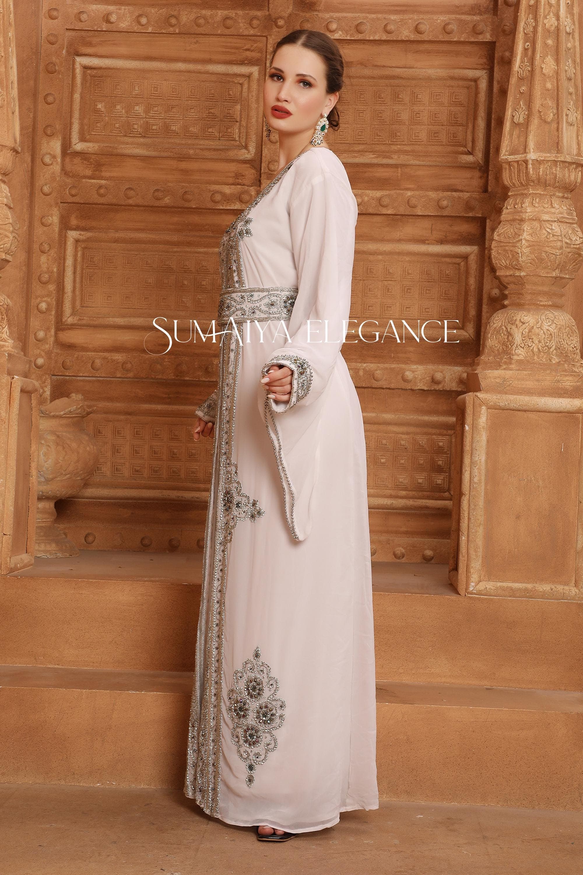 Hand Embellished Moroccan Kaftan Abaya, Arabic Wedding Dress with Scarf - image 5