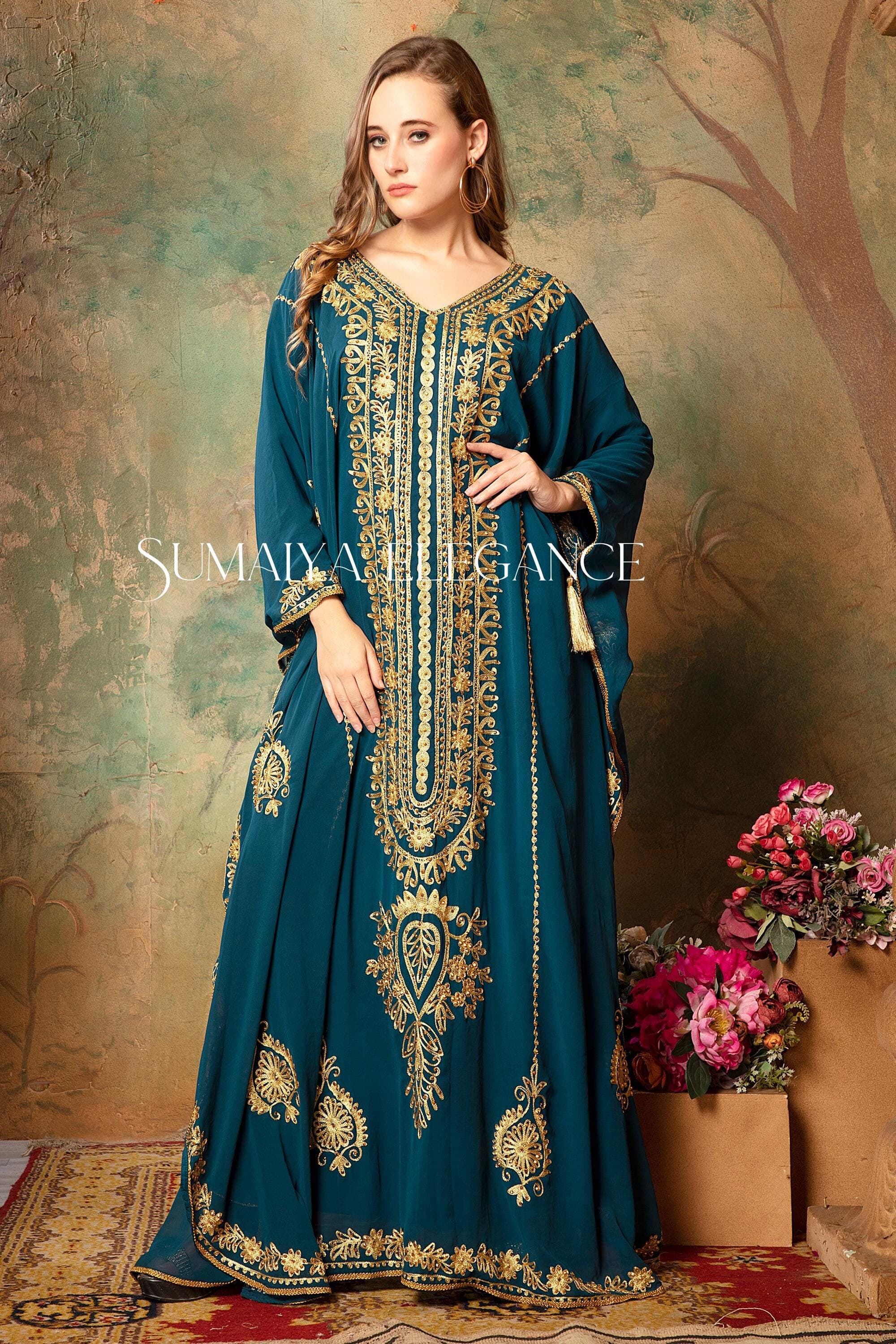 Embroidered Dubai Kaftan Abaya with Head Scarf