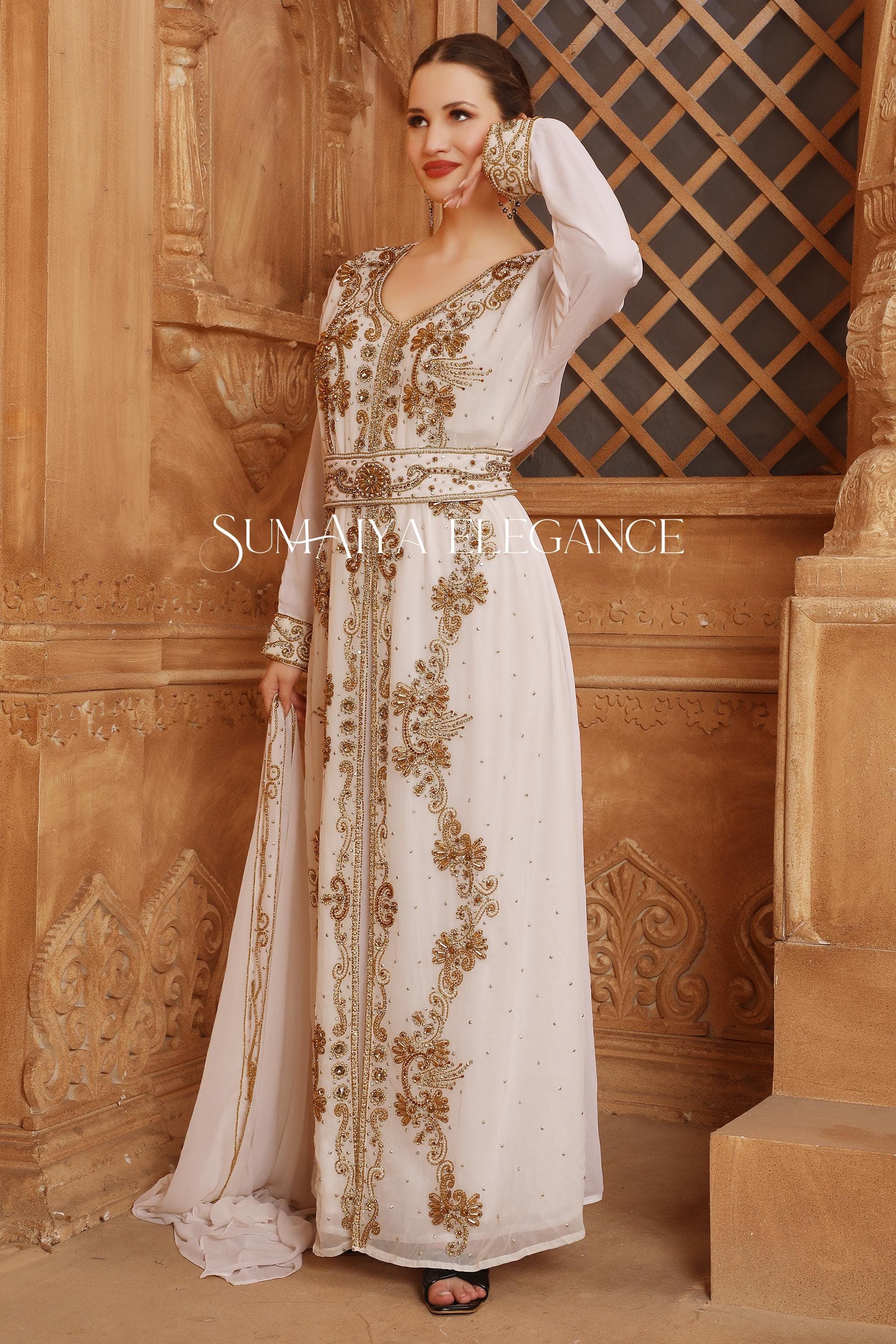 Moroccan Georgette Kaftan Abaya with Golden Beads, Arabic Wedding Farasha with Scarf - image 5