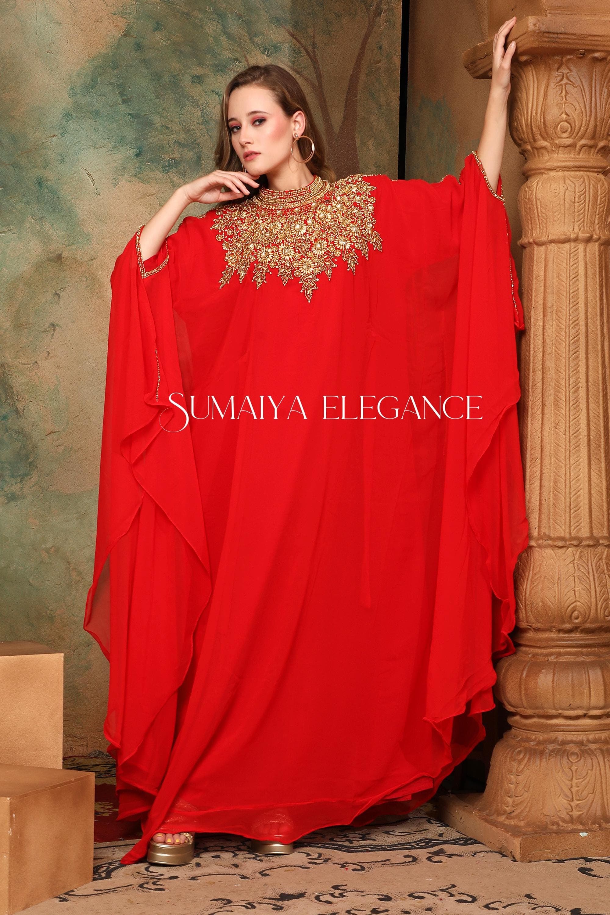 Embellished Georgette Caftan Dress with Headscarf - image 4