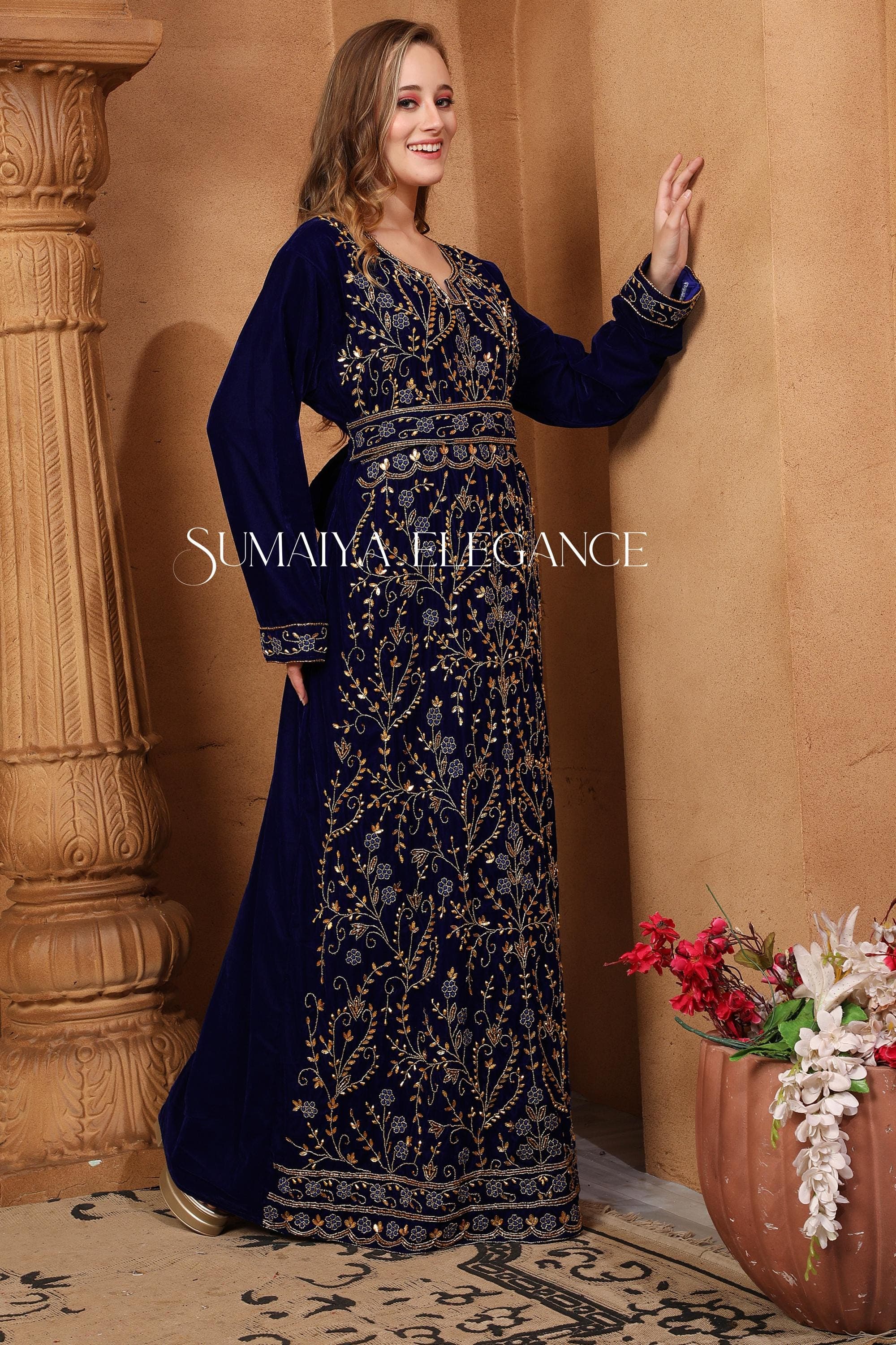Black Velvet Thobe: Hand Beaded Moroccan Kaftan Abaya Wedding Dress - image 4