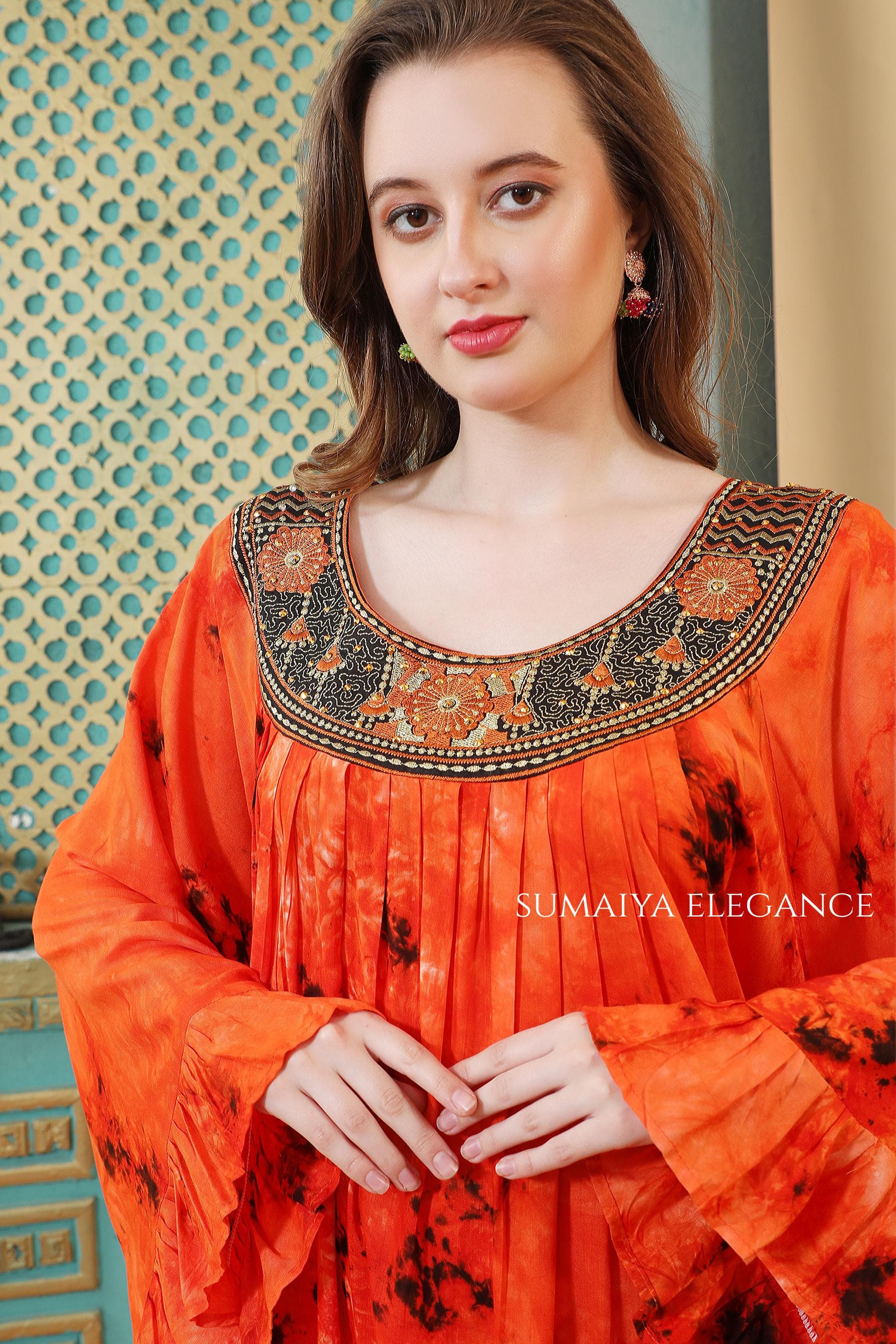 Hand Embroidered Neck Kaftan Dress with Flowy Sleeves, Loose Fit Maxi Loungewear, Modest Boho Farasha Style Dress - image 4