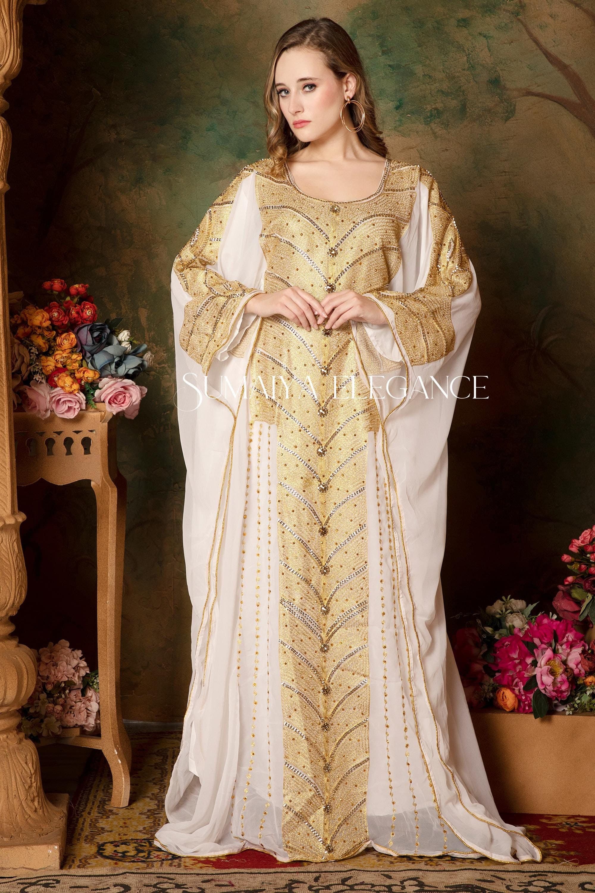 Hand Beaded Georgette Abaya Dress, Dubai Kaftan with Headscarf