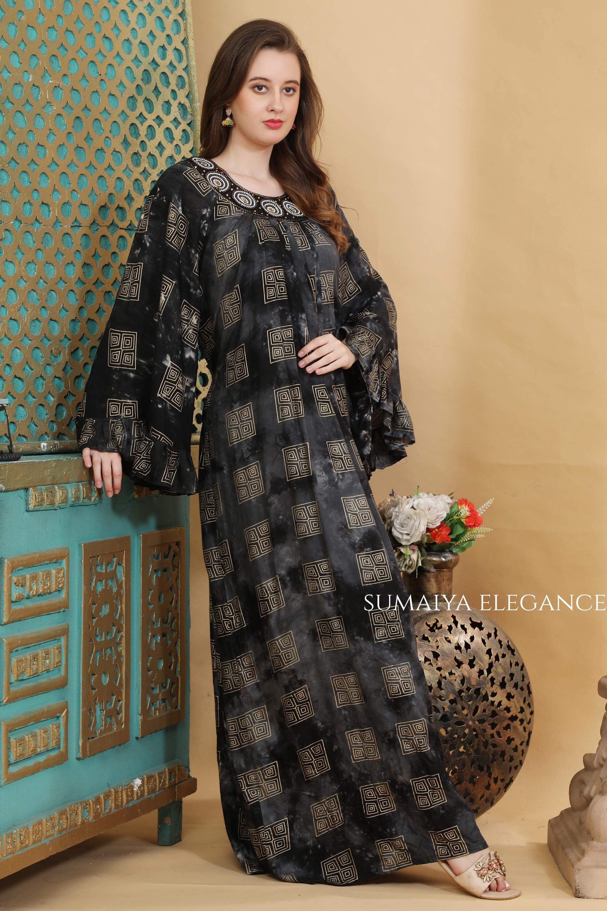 Hand Embellished Kaftan Dress, Geometric Print Maxi, Statement Neckline Caftan, Boho Luxe Lounge Wear, Resort Style Loose Fit Dress - image 4