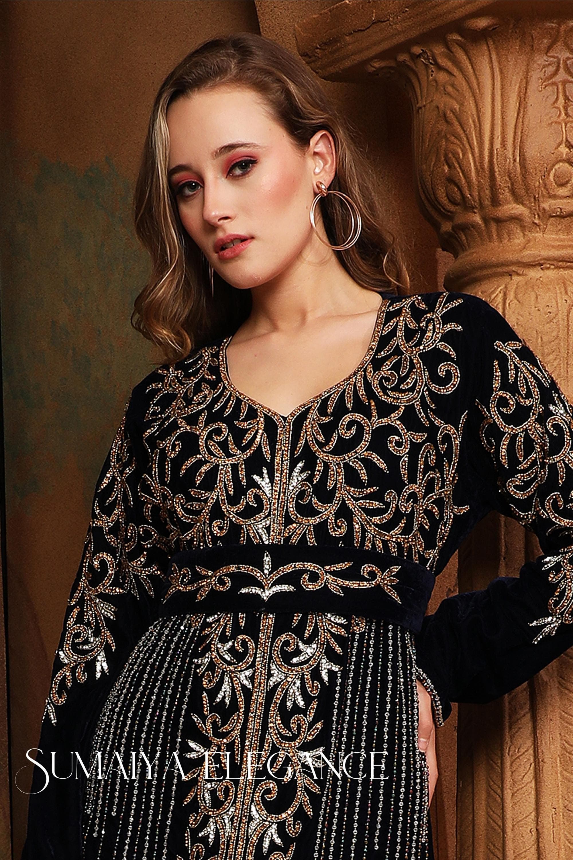 Velvet Embroidered Palestinian Thobe: Custom Arabian Kaftan Dress With Luxe Beadwork - image 3