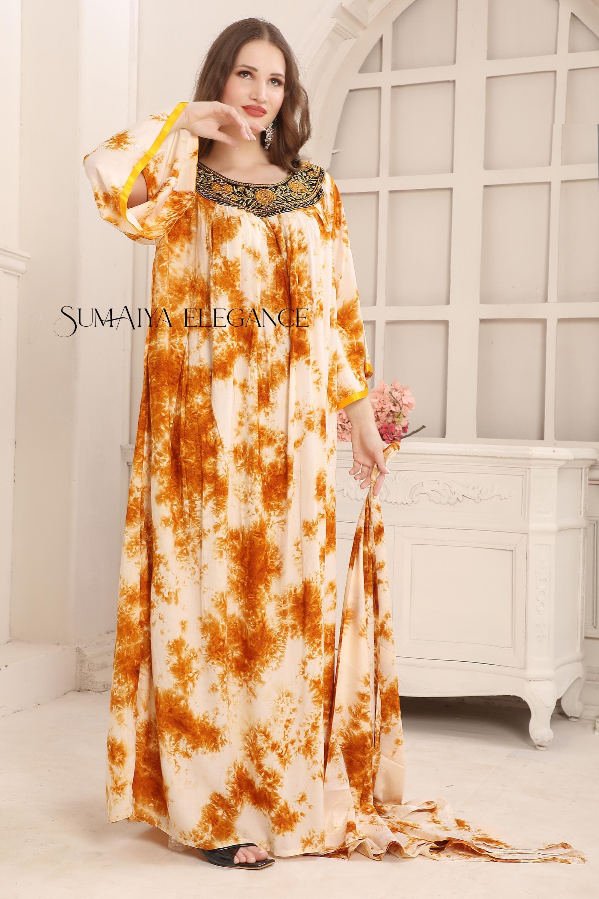 Embroidered Tie Dye Kaftan Abaya with Scarf – Handmade Maxi Dress - image 5