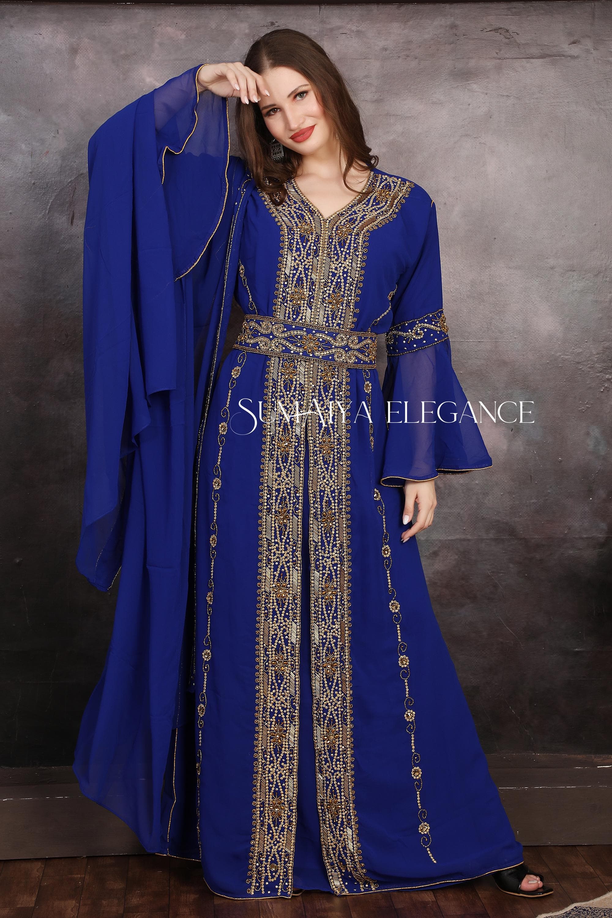 Hand Beaded Georgette Kaftan – Moroccan Dubai Abaya Dress with Scarf - image 5