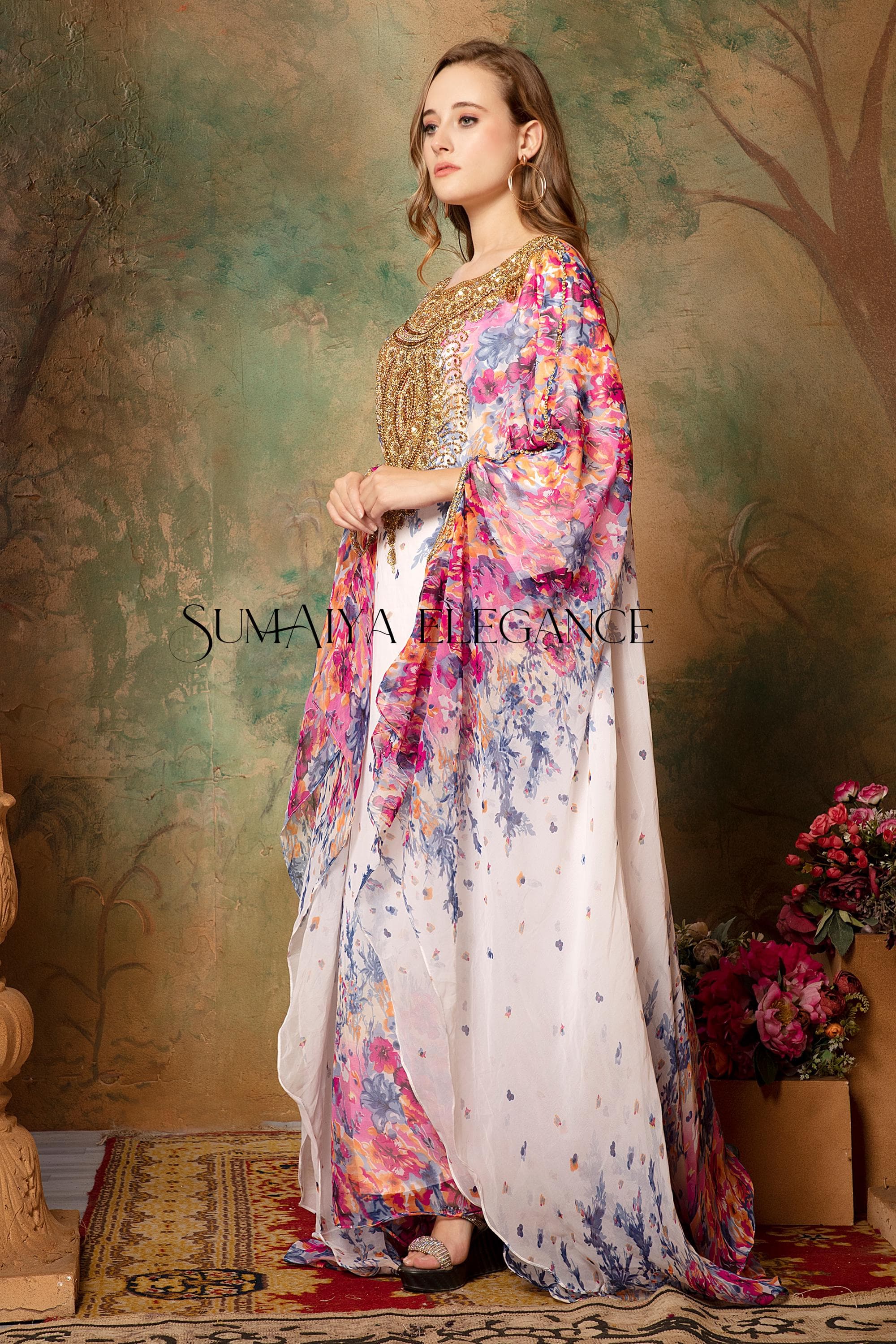 Hand-Beaded Georgette Kaftan Dress with Scarf - image 4