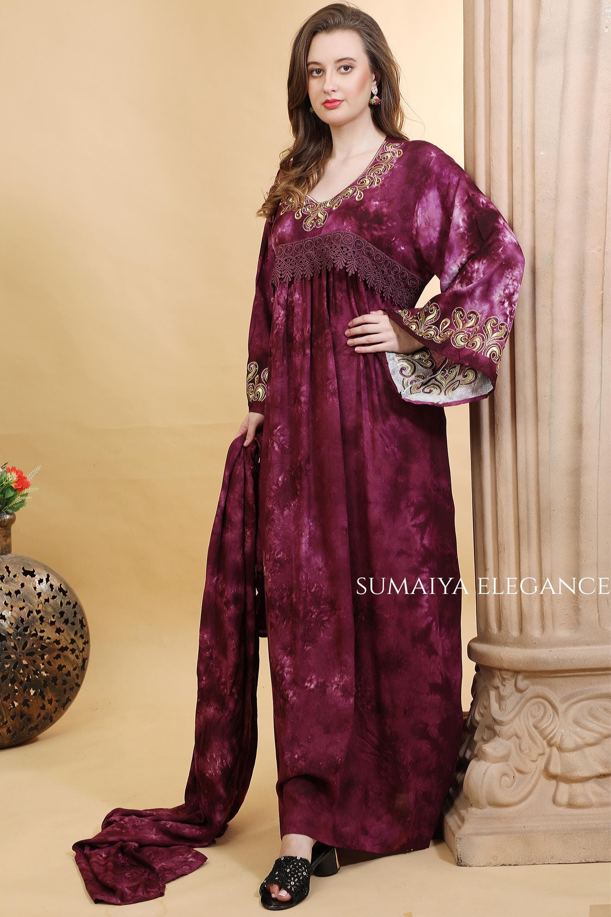 Embroidered Kaftan Dress, V Neck Farasha, Flowy Maxi Kaftan, Bell Sleeve Lounge Dress, Elegant Modest Wear - image 3