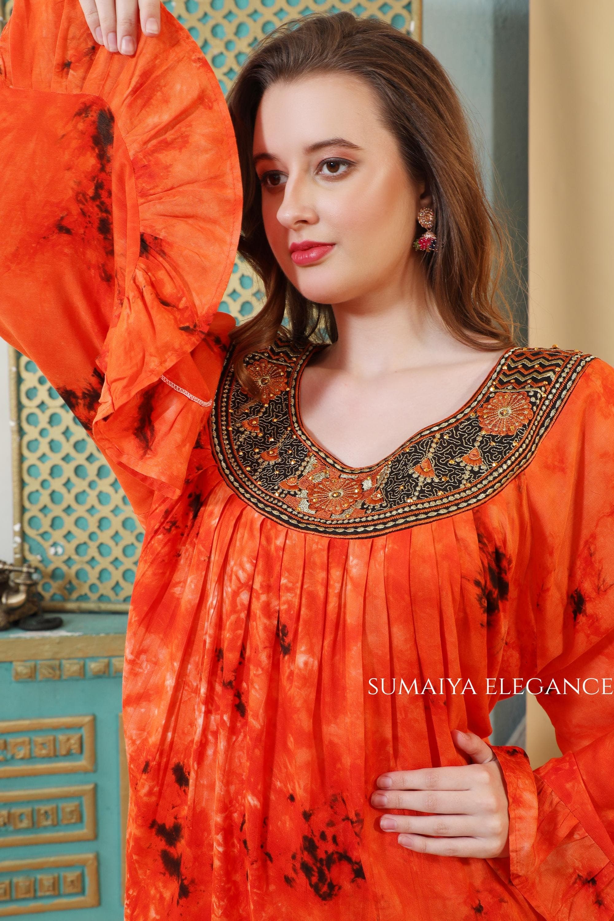 Hand Embroidered Neck Kaftan Dress with Flowy Sleeves, Loose Fit Maxi Loungewear, Modest Boho Farasha Style Dress - image 5