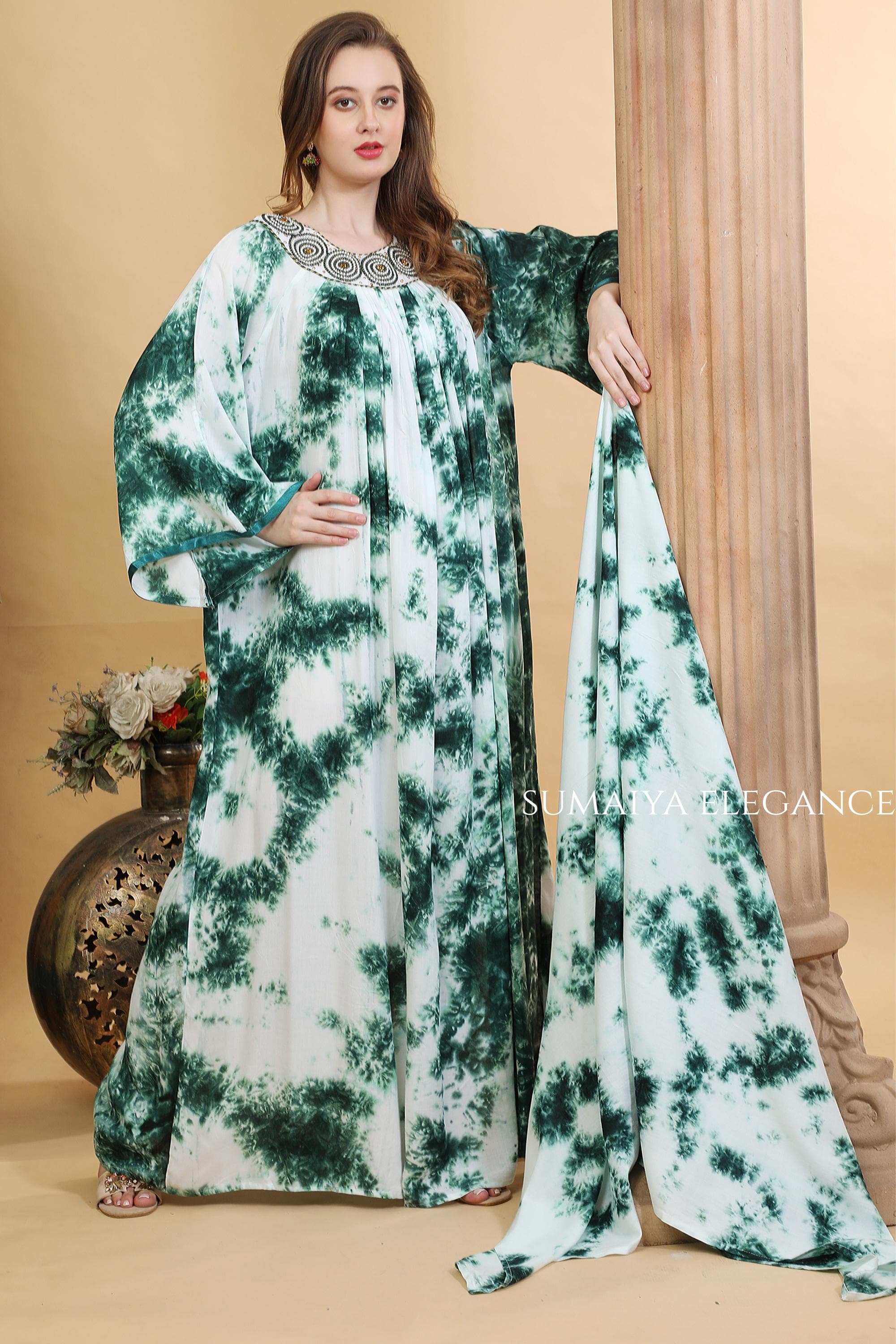 Embroidered Kaftan Dress, Round Neck Farasha, Flowy Pleated Maxi Kaftan, Bell Sleeve Lounge Dress, Elegant Modest Wear - image 3