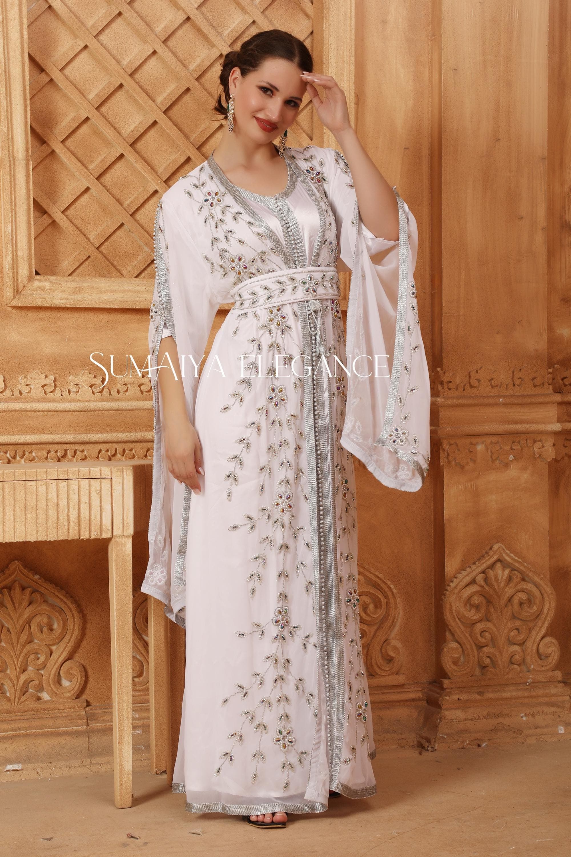 Shifa Moroccan Kaftan Elegant Arabic Abaya Dress Dubai Caftan Fancy Hand Beaded Party Wear Wedding Long Gown Stylish Dress Come with Scarf - image 5