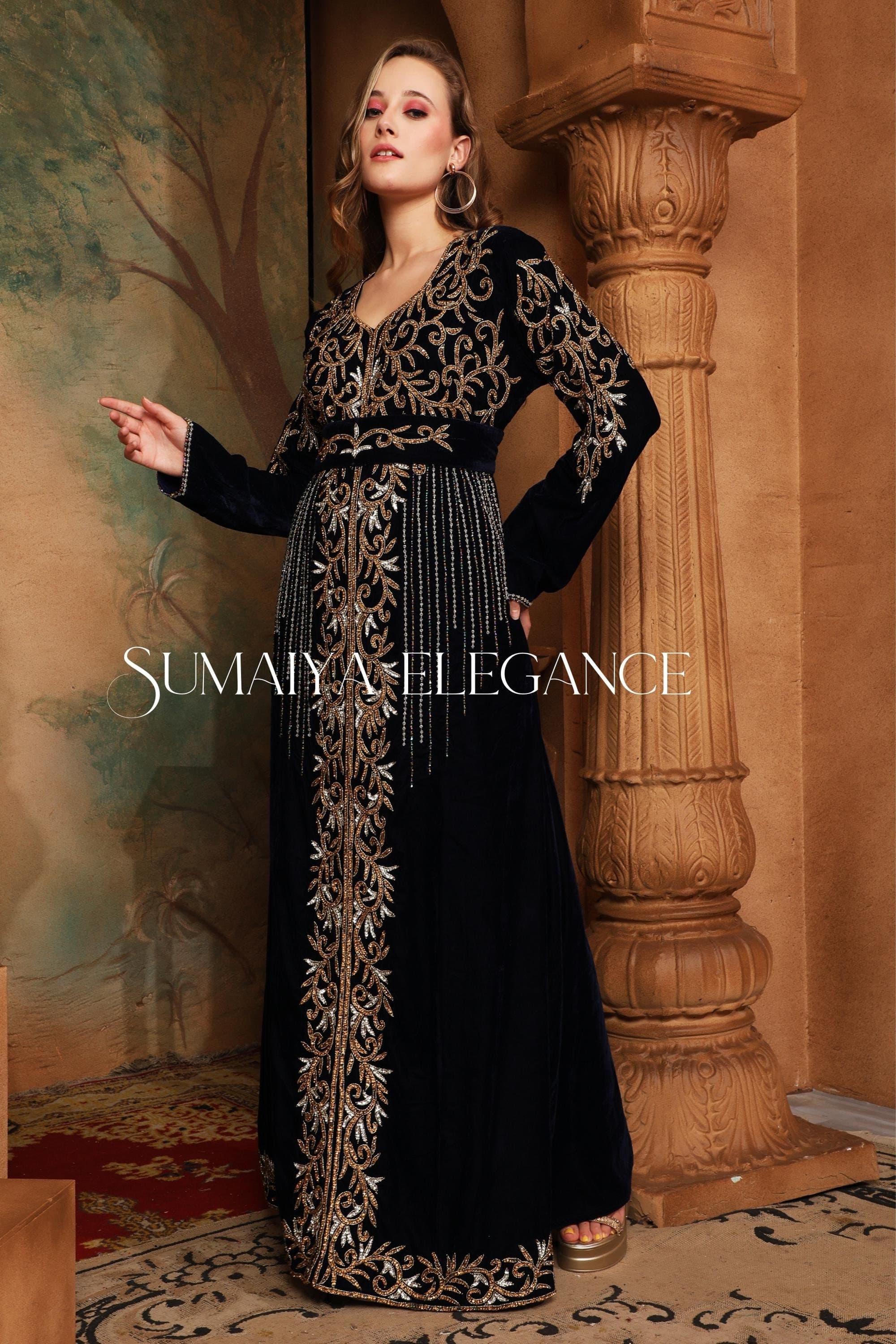 Velvet Embroidered Palestinian Thobe: Custom Arabian Kaftan Dress With Luxe Beadwork