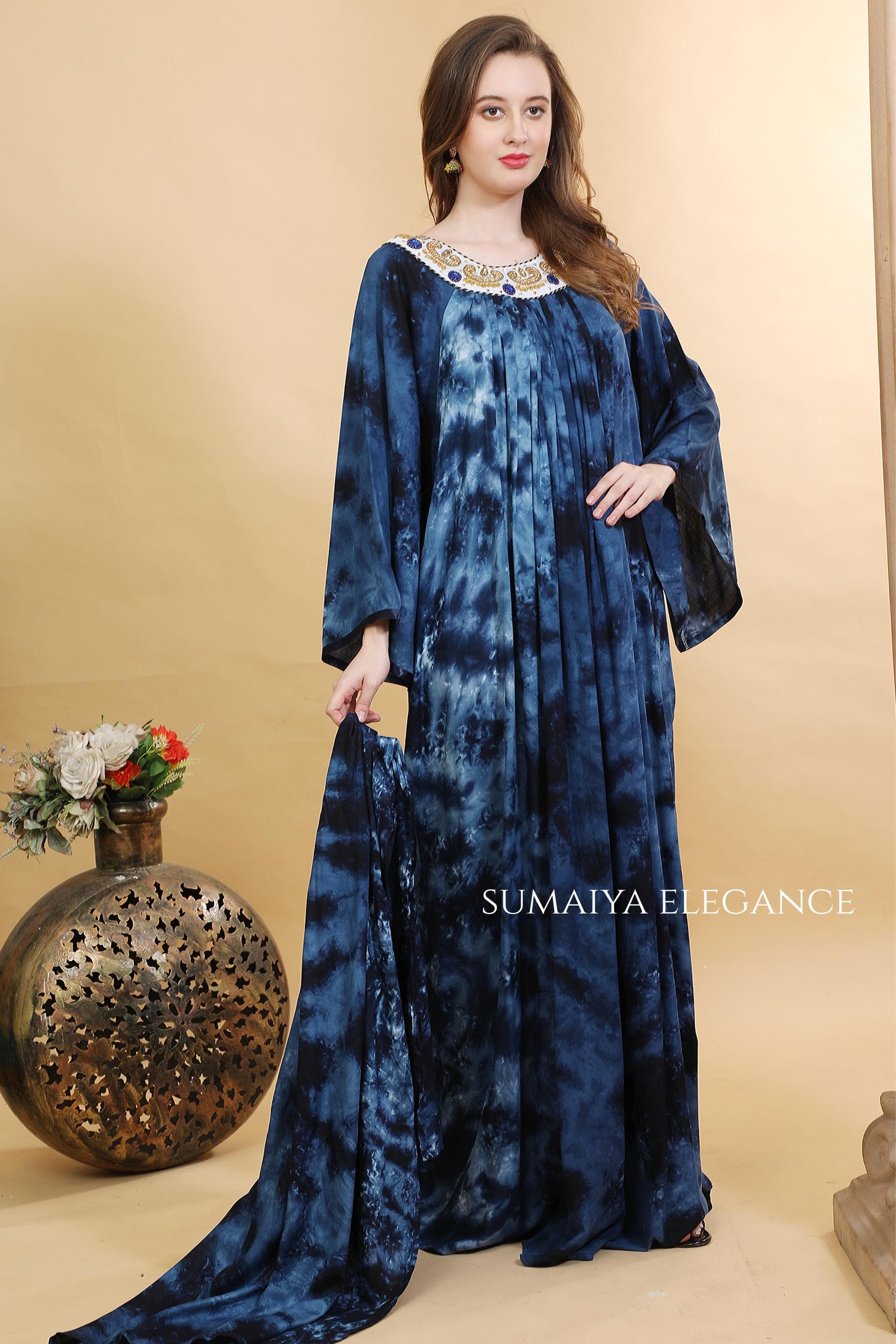 Tie Dye Kaftan Dress, Embroidered Round Neck Farasha, Flowy Pleated Maxi Kaftan, Bell Sleeve Lounge Dress - image 3
