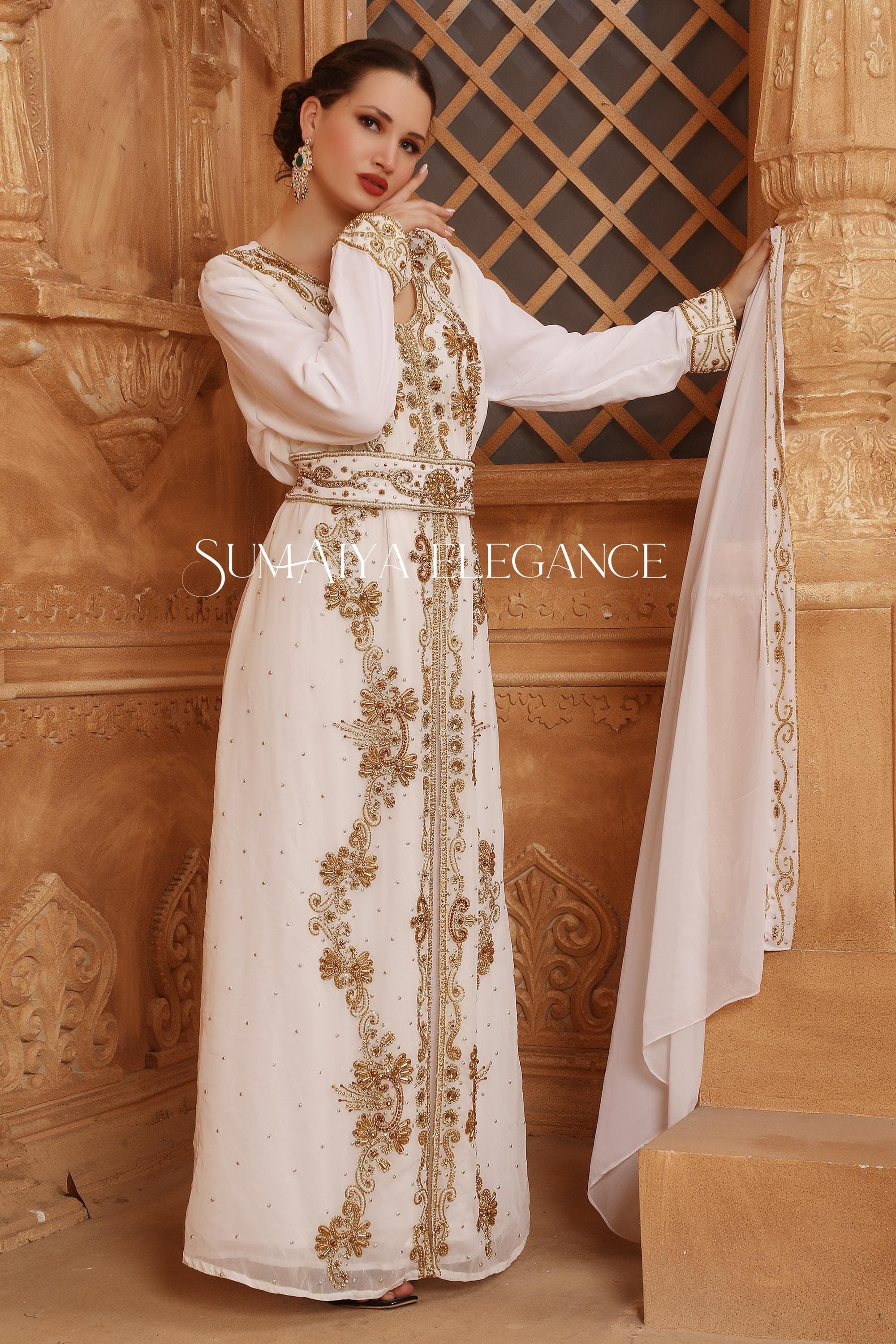 Moroccan Georgette Kaftan Abaya with Golden Beads, Arabic Wedding Farasha with Scarf - image 4