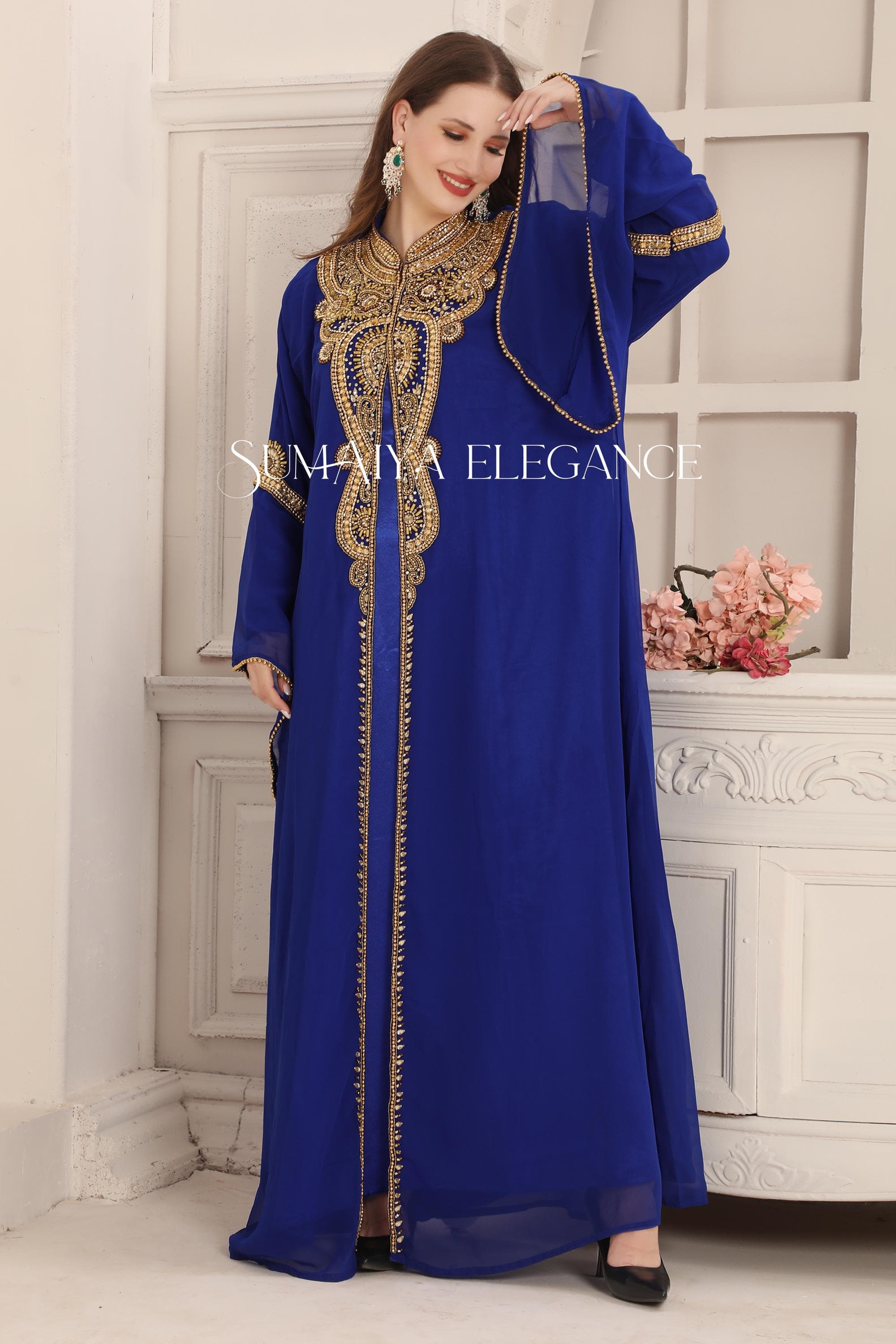 Hand-Beaded Georgette Kaftan Abaya with Scarf