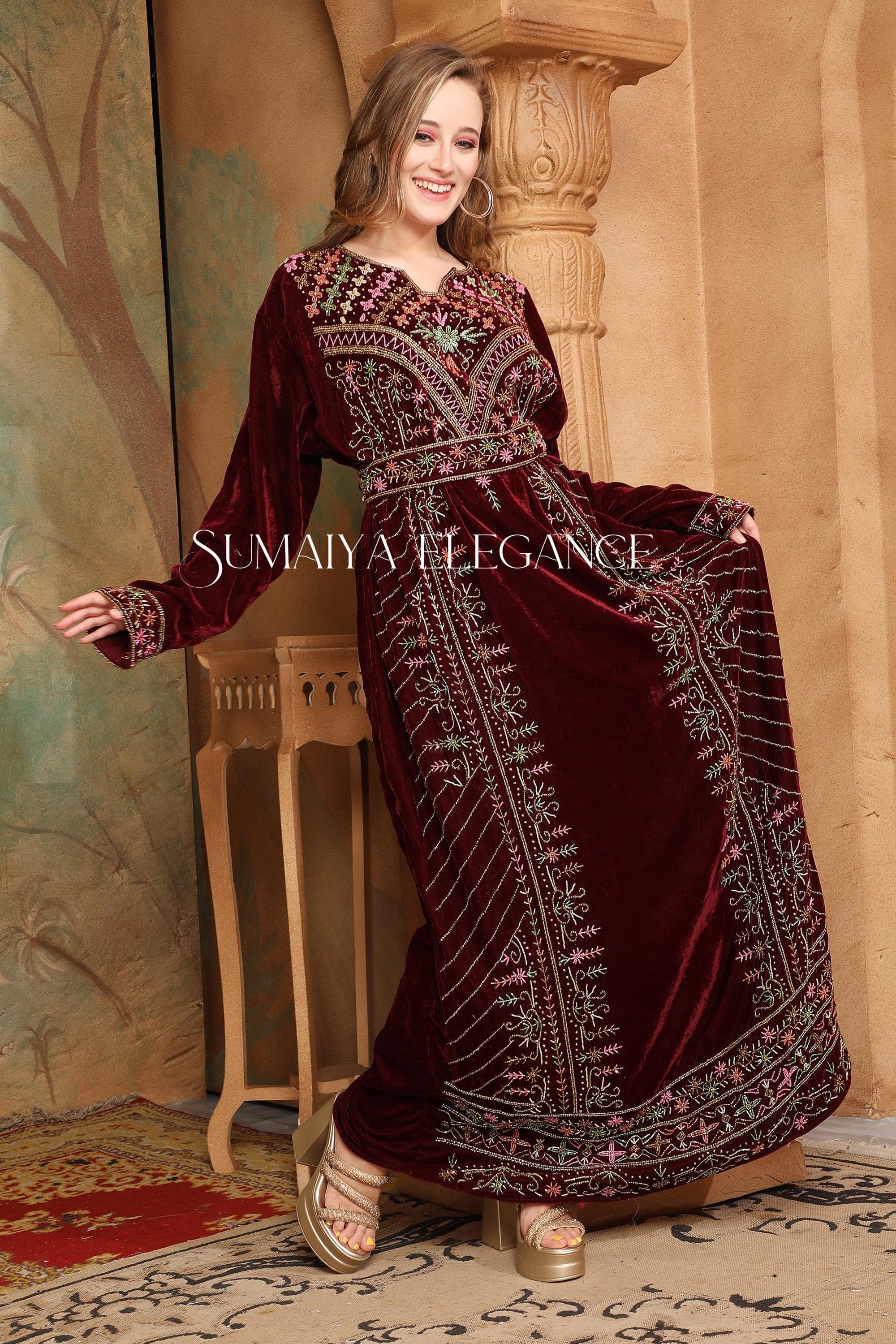 Hand Beaded Velvet Kaftan Gown: Moroccan Dubai Style Abaya