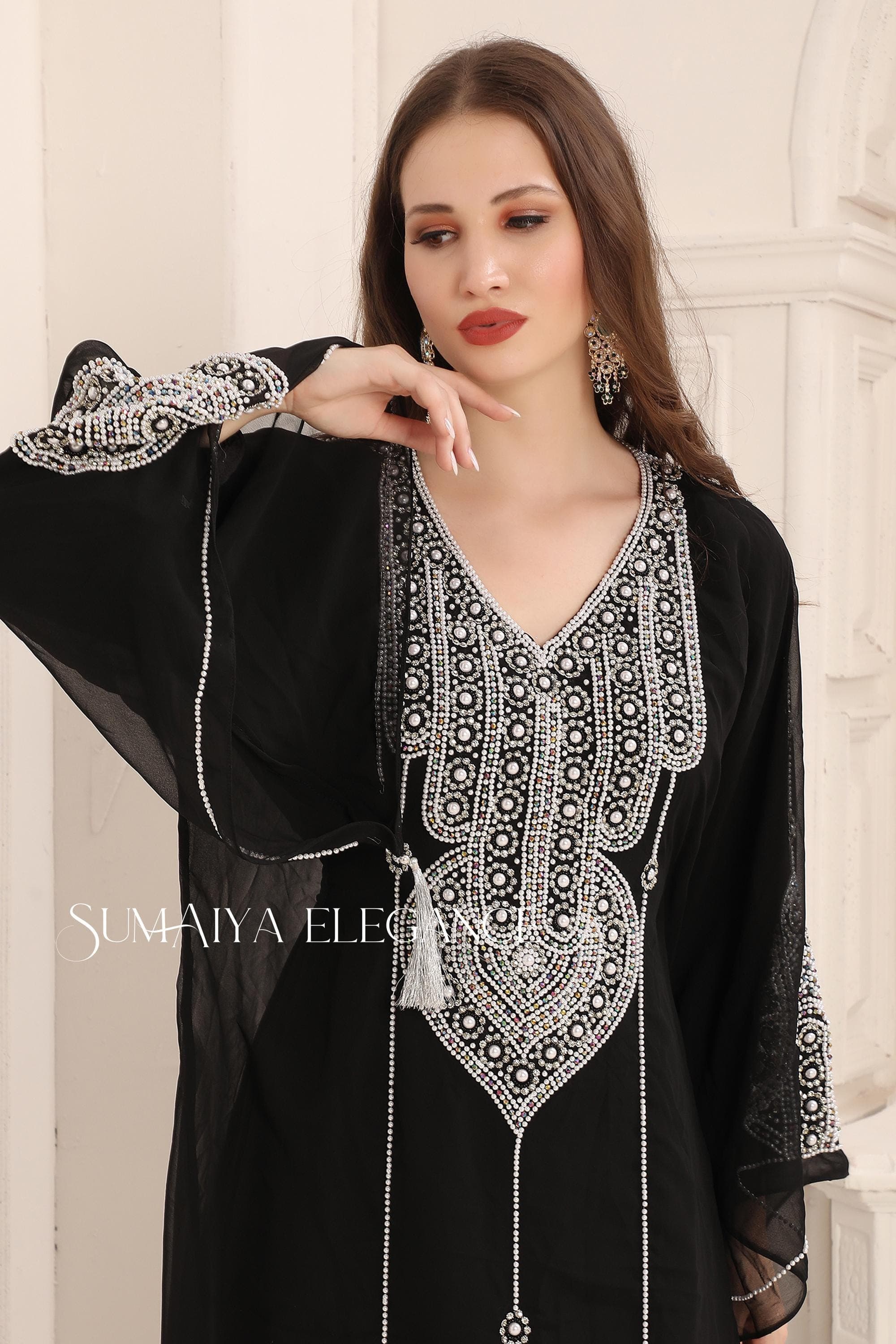 Hand Beaded Kaftan Abaya Gown with Scarf - image 3