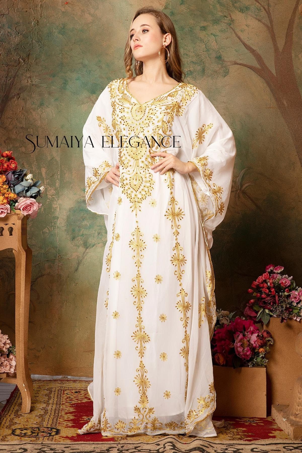 Embellished Abaya Dress, Dubai Kaftan with Free Headscarf