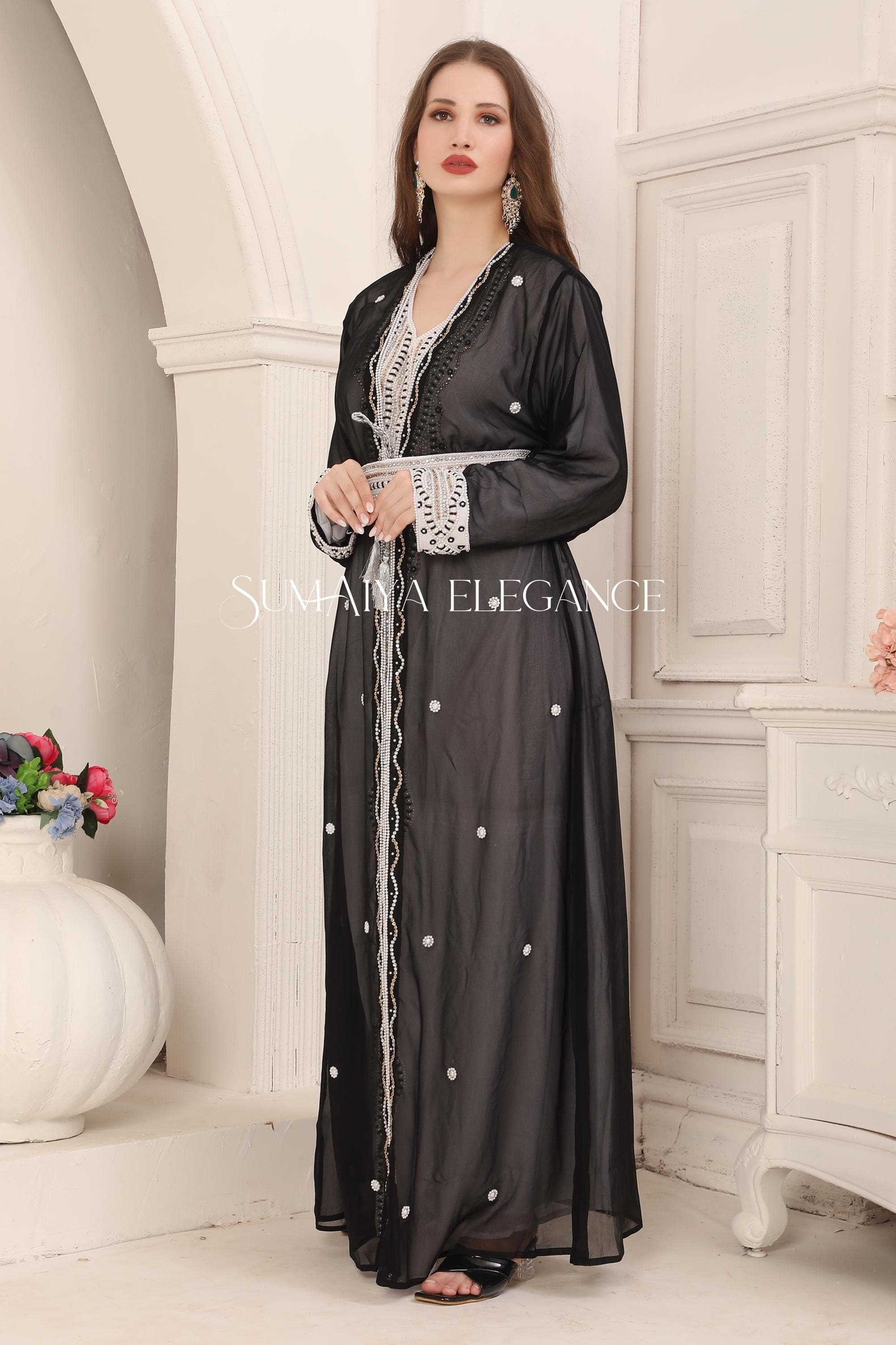 Hand Beaded Georgette Moroccan Kaftan: Dubai Arabic Abaya Wedding Gown - image 5