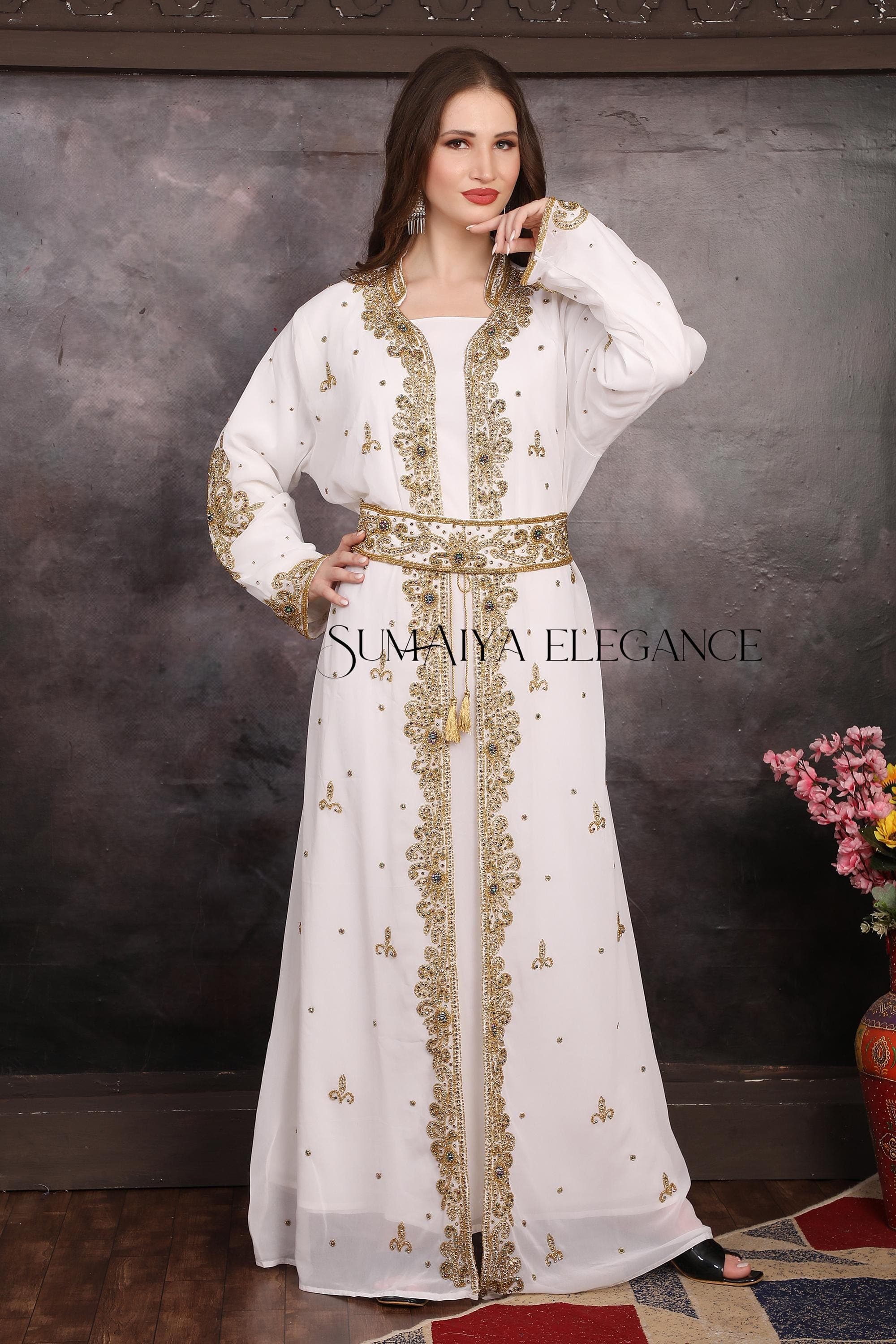 Elegant White and Gold Moroccan Kaftan, Embellished Arabic Nikkah Wedding Dress With Belt & Scarf, Eid Outfit