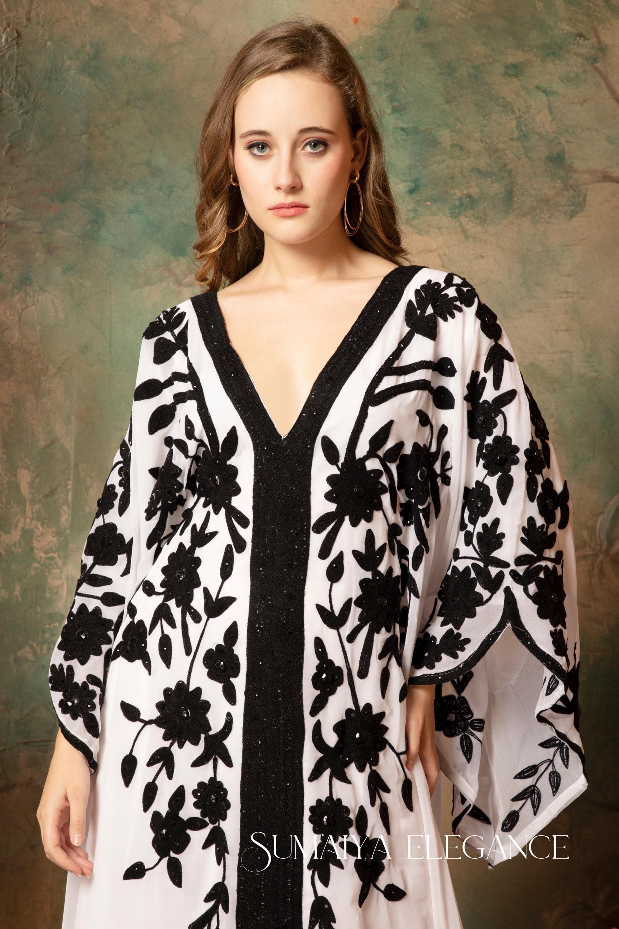 Hand Beaded Kaftan Abaya Dress, Aari Work Georgette, Party Gown - image 3