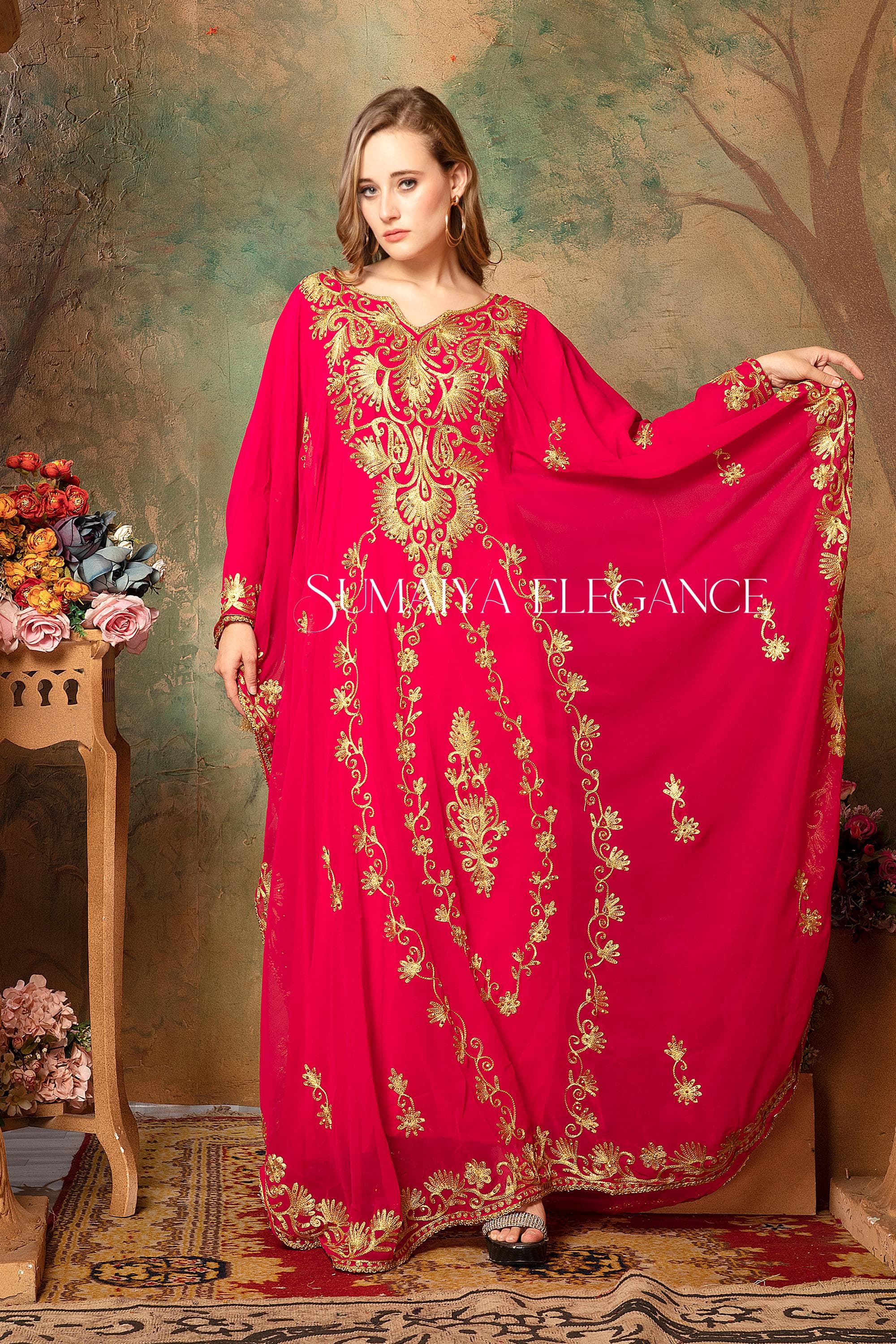 Golden Aari Embroidered Dubai Caftan Abaya Dress with Head Scarf