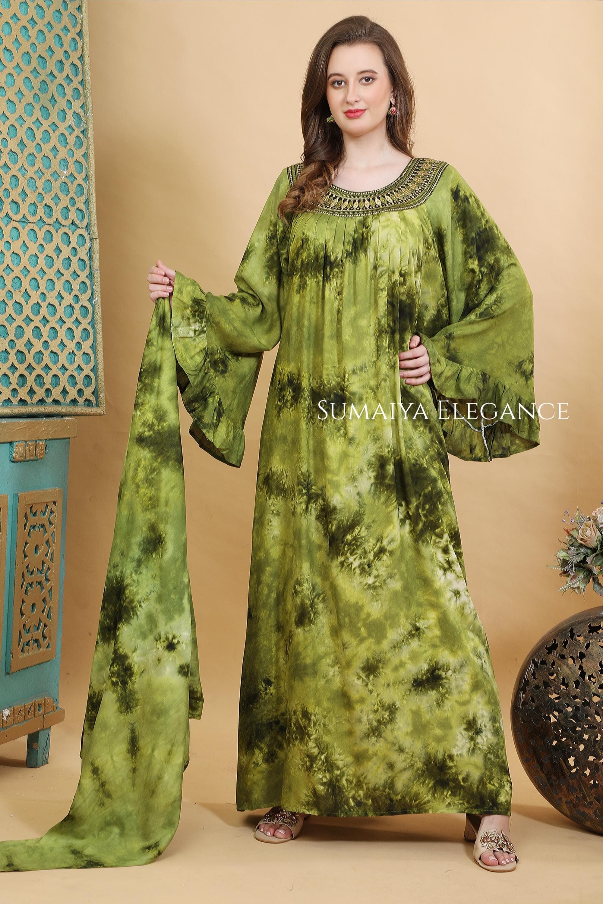 Handmade Long Caftan Set | Embellished Neckline Moroccan Abaya | Elegant Ruffle Sleeve Evening Resort Wear