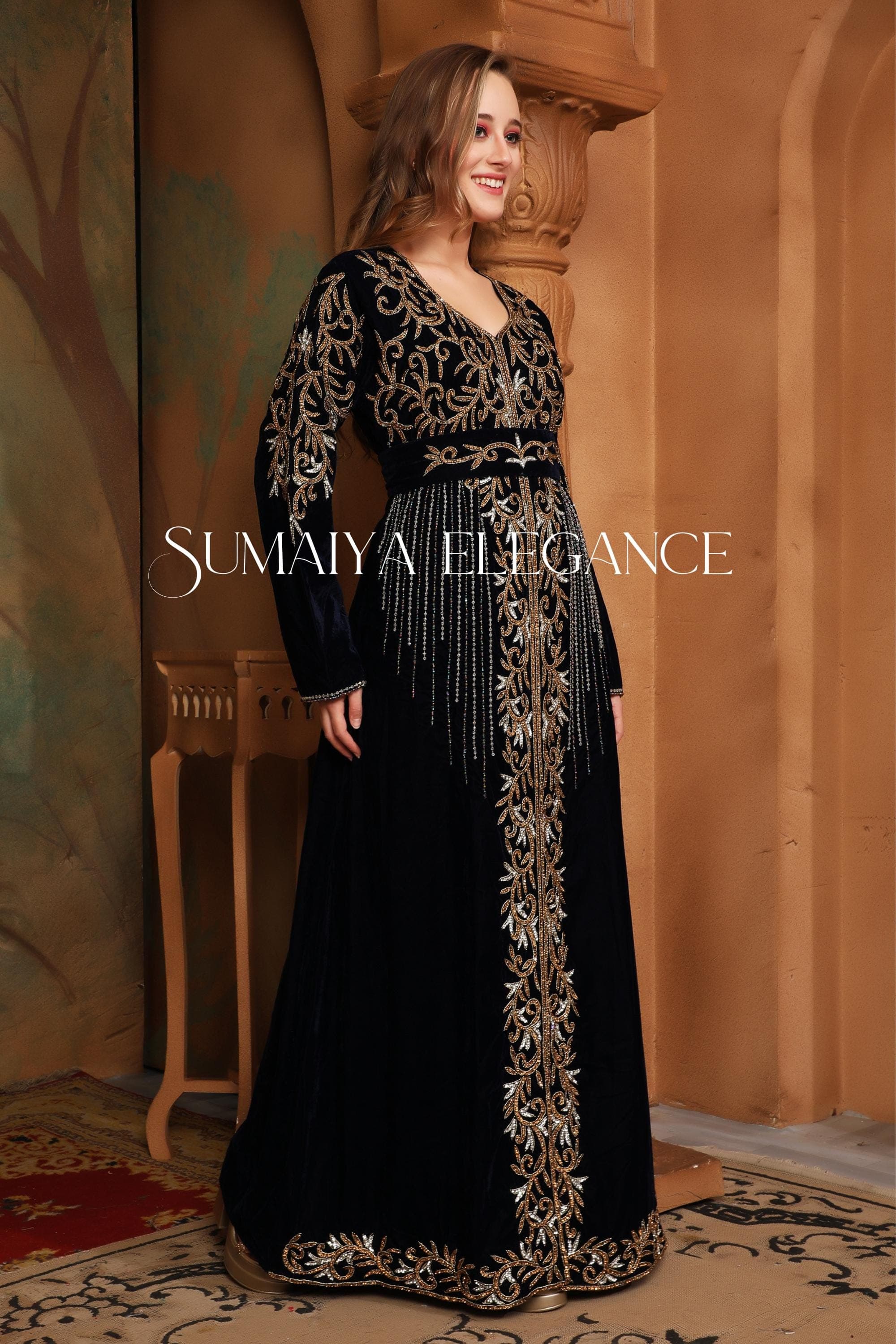 Velvet Embroidered Palestinian Thobe: Custom Arabian Kaftan Dress With Luxe Beadwork - image 5