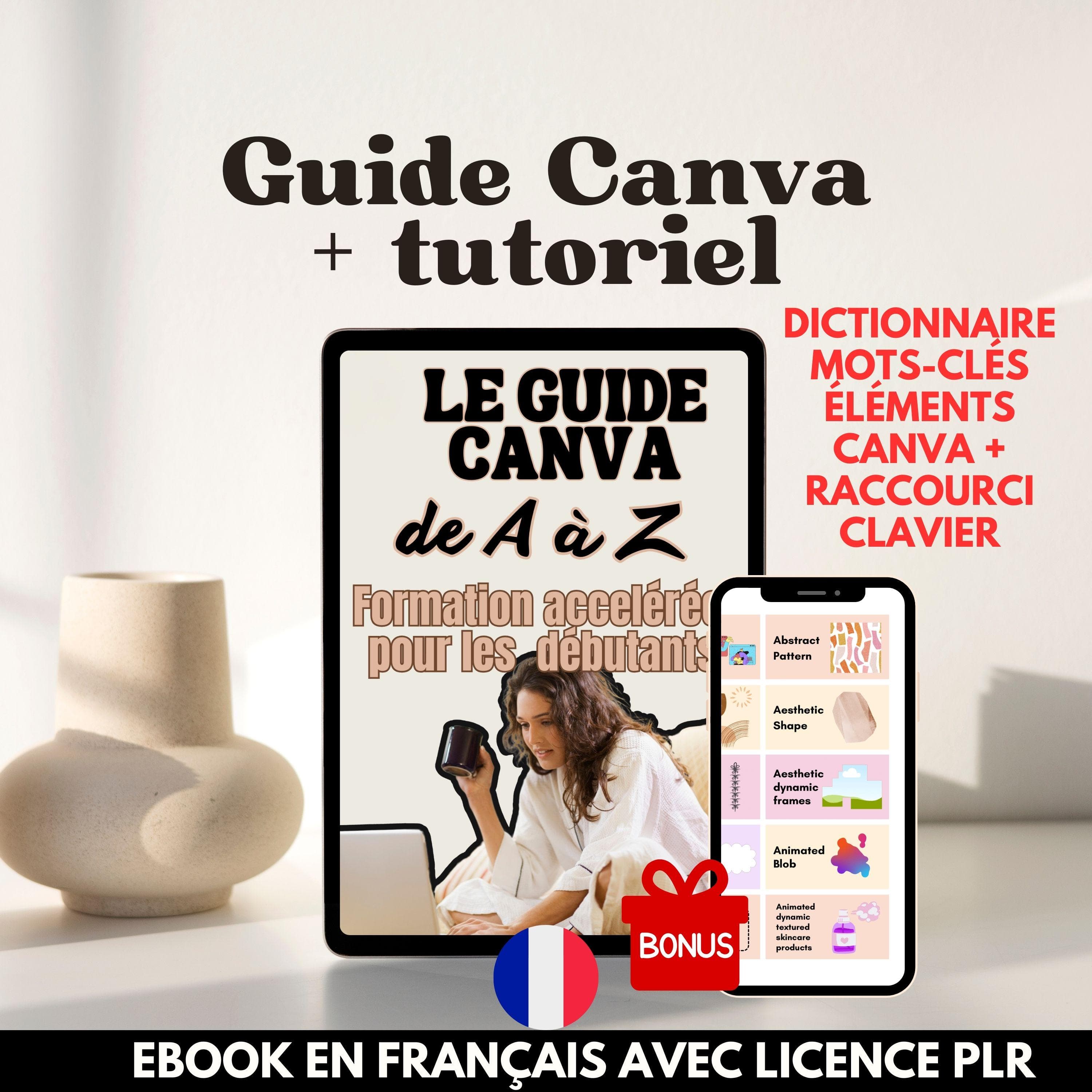 Cours accéléré Canva pour débutant avec licence PLR, Formation Canva pour débutants avec tutoriel imagé + mot-clé des éléments Canva