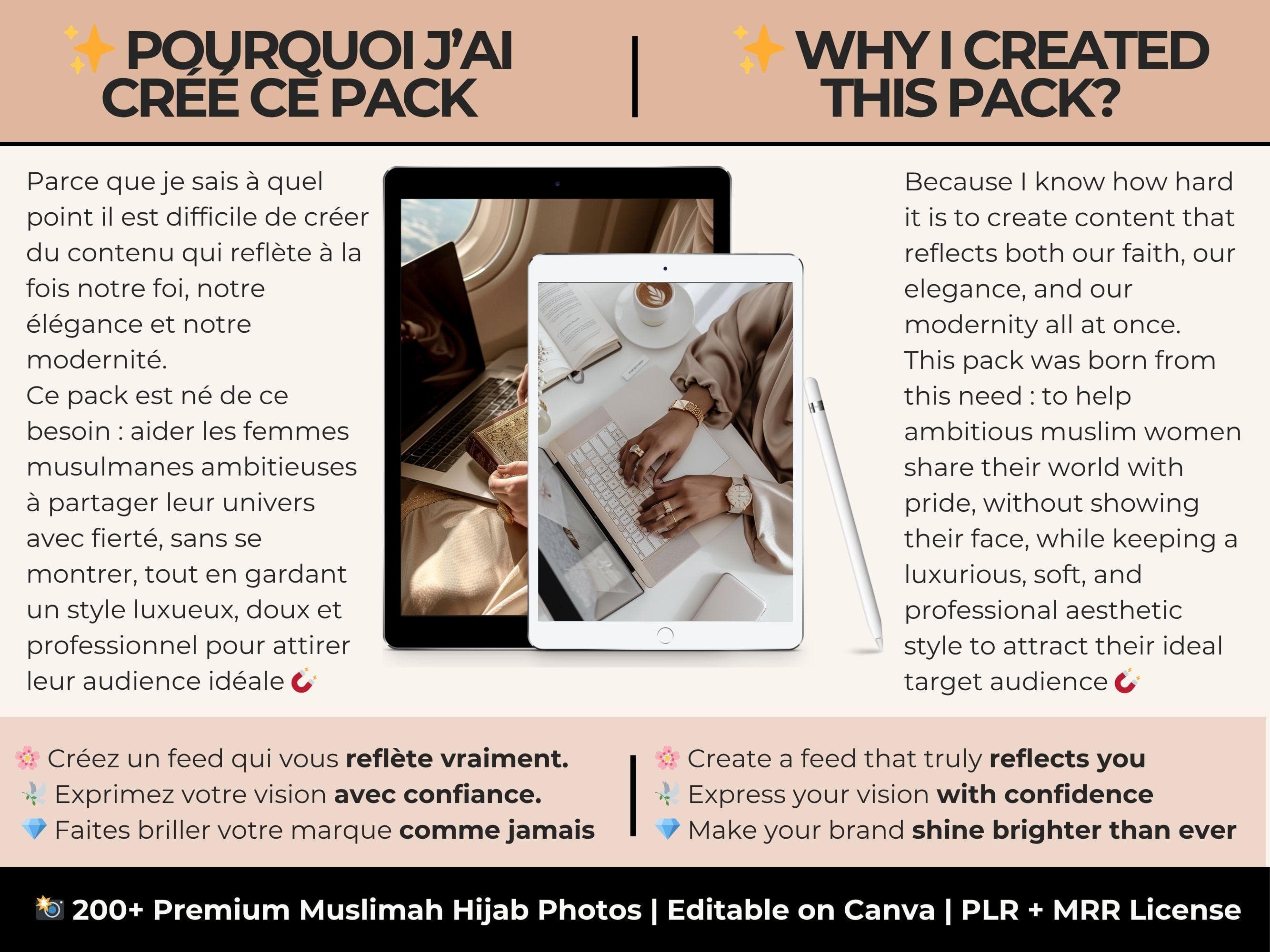 Muslimah hijab faceless photo pack explained. Created to help ambitious Muslim women build elegant and modern brands without showing their faces. Includes professional visuals and luxury lifestyle scenes.