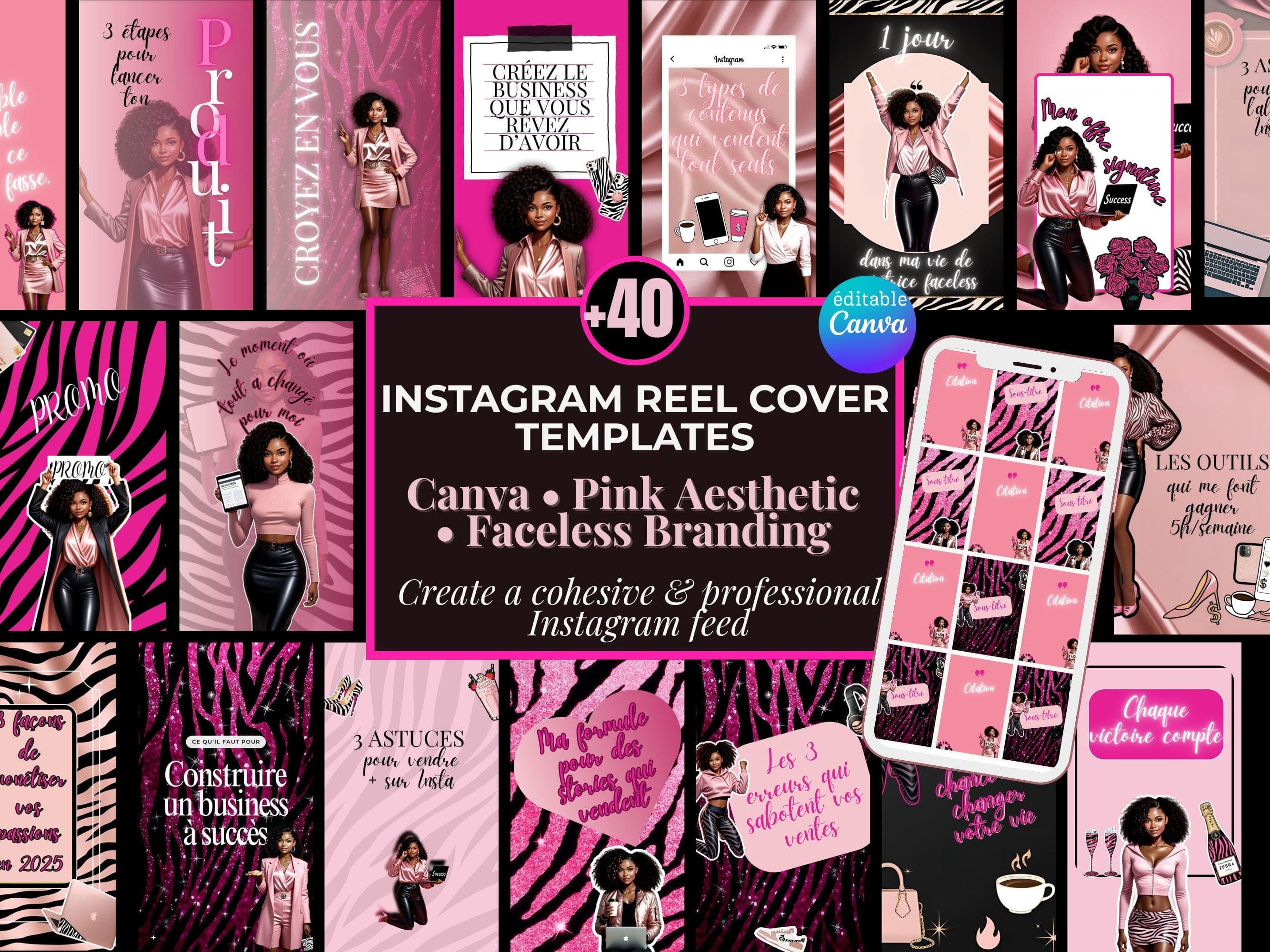 Instagram Reel Cover Templates Canva | 45 Pink Aesthetic Faceless Branding Covers for Instagram Feed