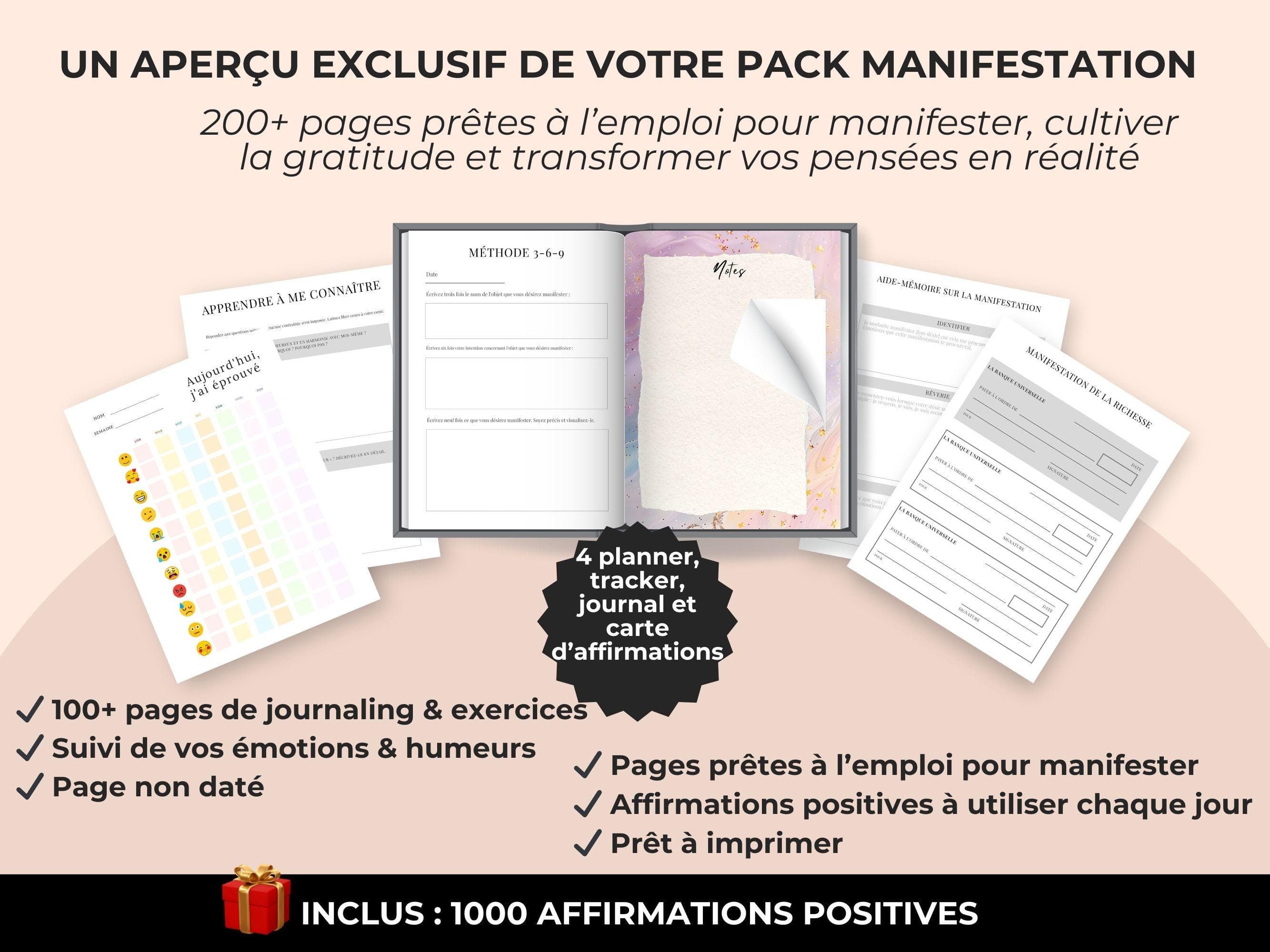 Aperçu intérieur du pack manifestation – planners et journaux de gratitude, amour de soi et suivi d’humeur – fichiers PLR
