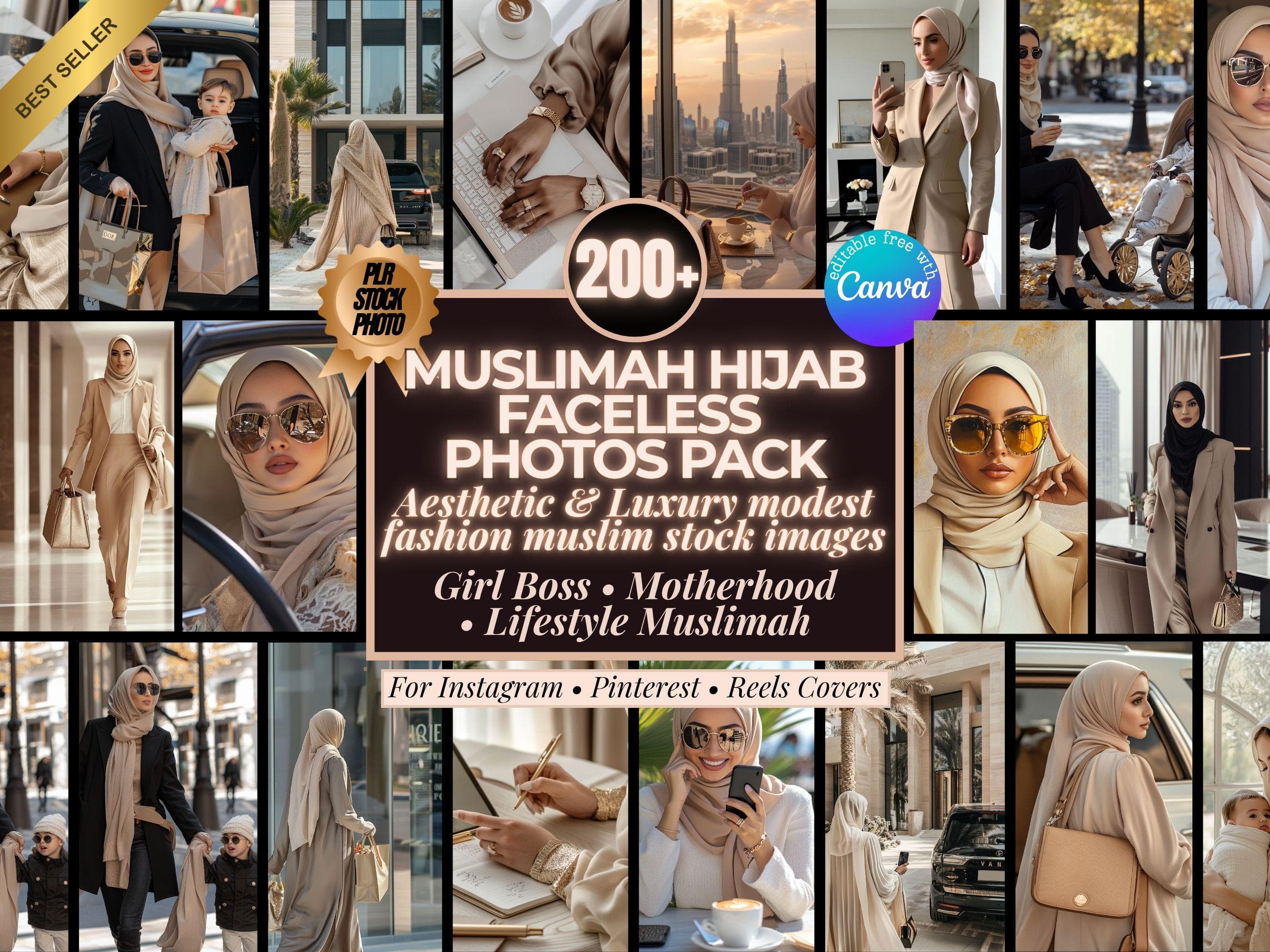 aperç visuel des 200 Muslimah hijab faceless photos aesthetic luxury pack for Instagram and Pinterest, PLR and MRR stock images for modest fashion creators.